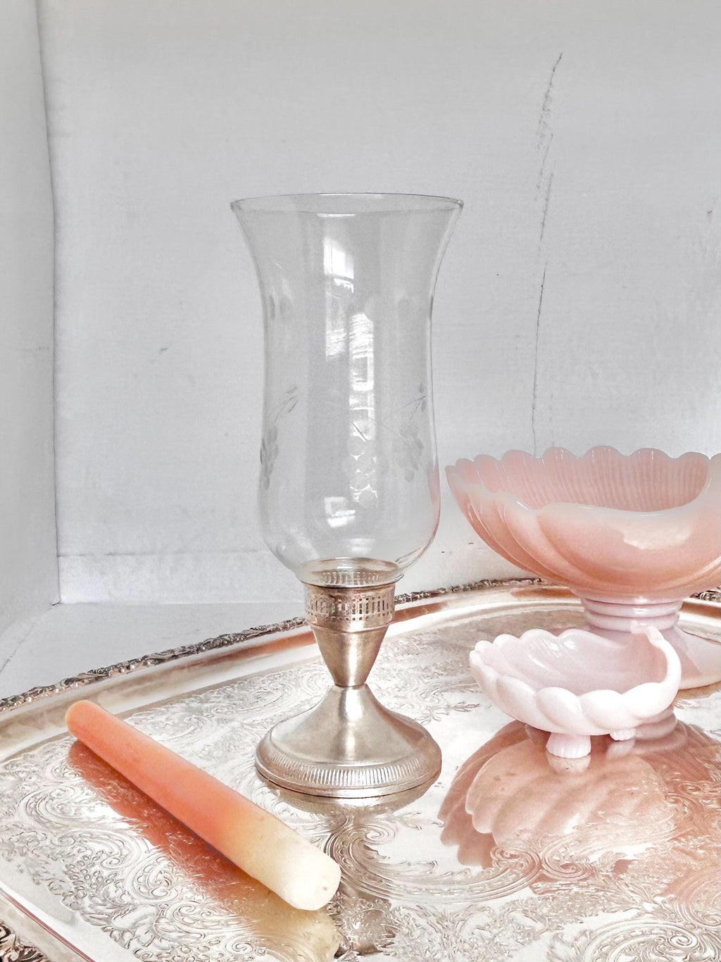 Vintage Weighted Sterling Silver Hurricane Candle Holder with Etched Grape Shade