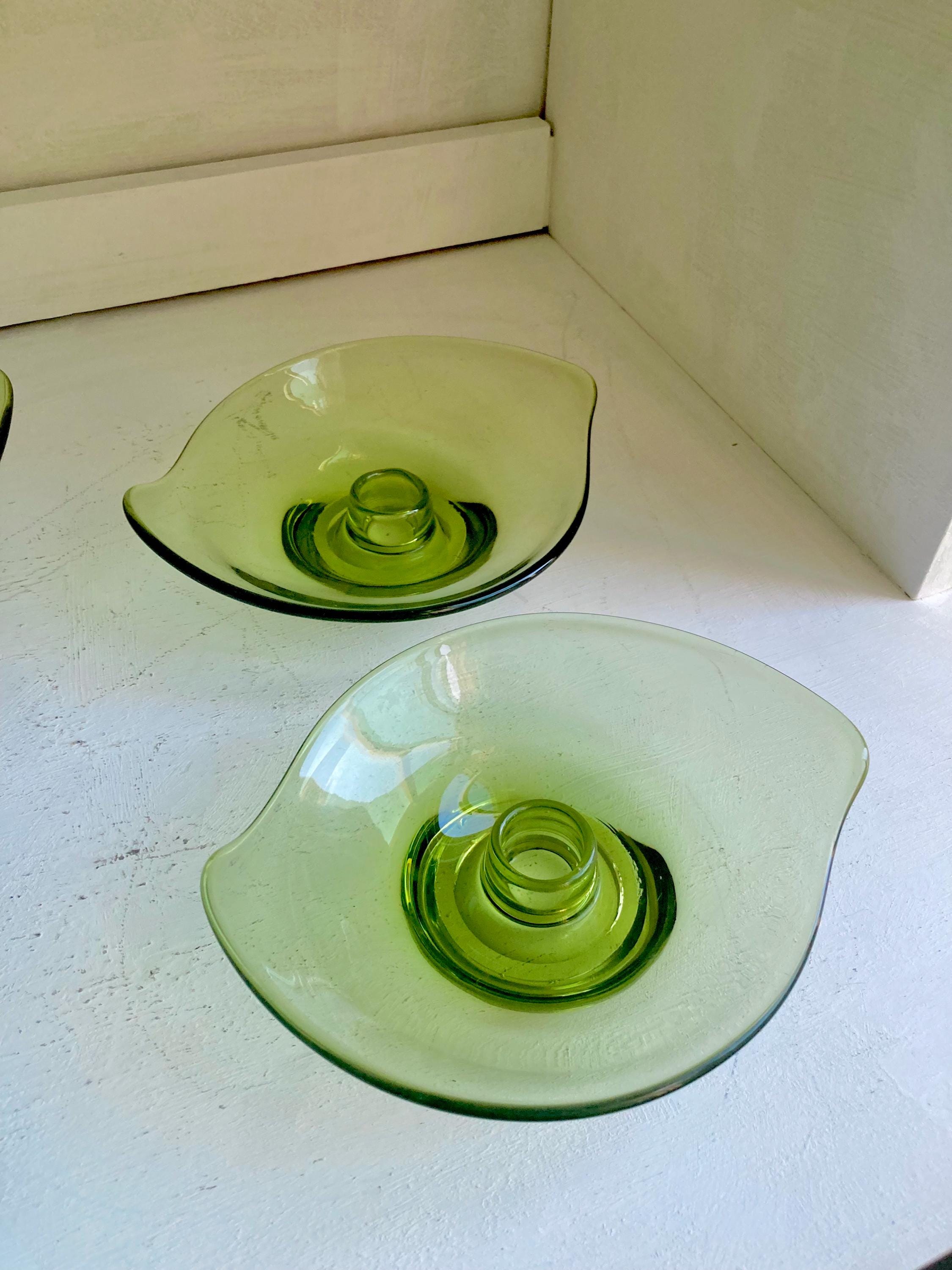 Vintage Viking Green Glass Epic Pattern: CHOOSE from various options, candleholder pair, bowls, dish