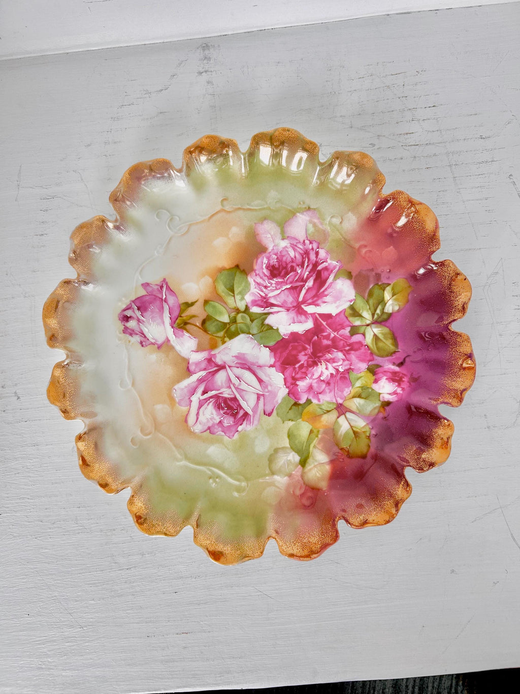 Vintage Transferware Porcelain Plate with Pink Roses