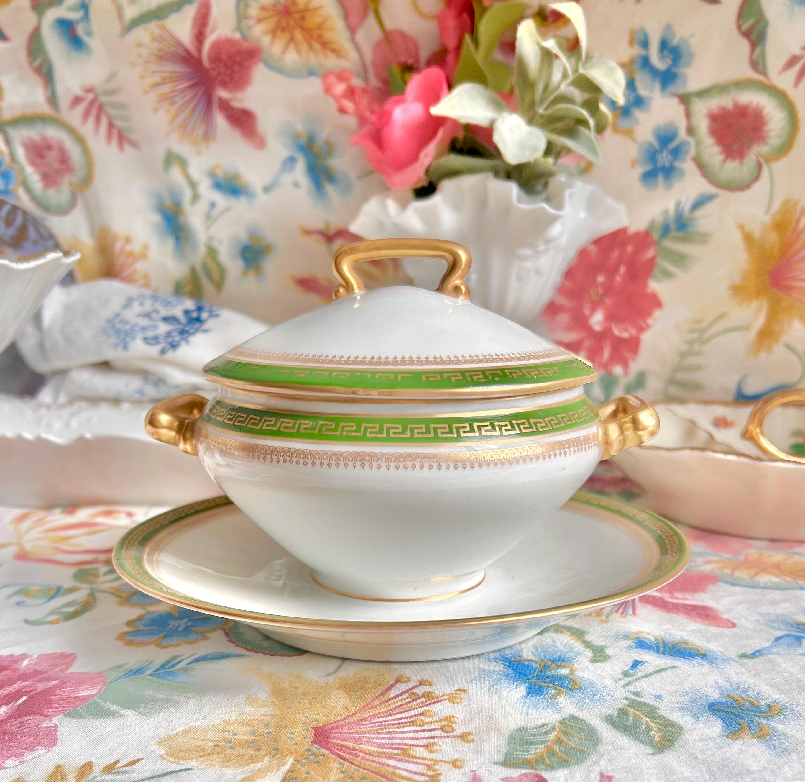Vintage Porcelain LIMOGES Lidded Tureen with Olive Green and Gold Trim, Gold Handles