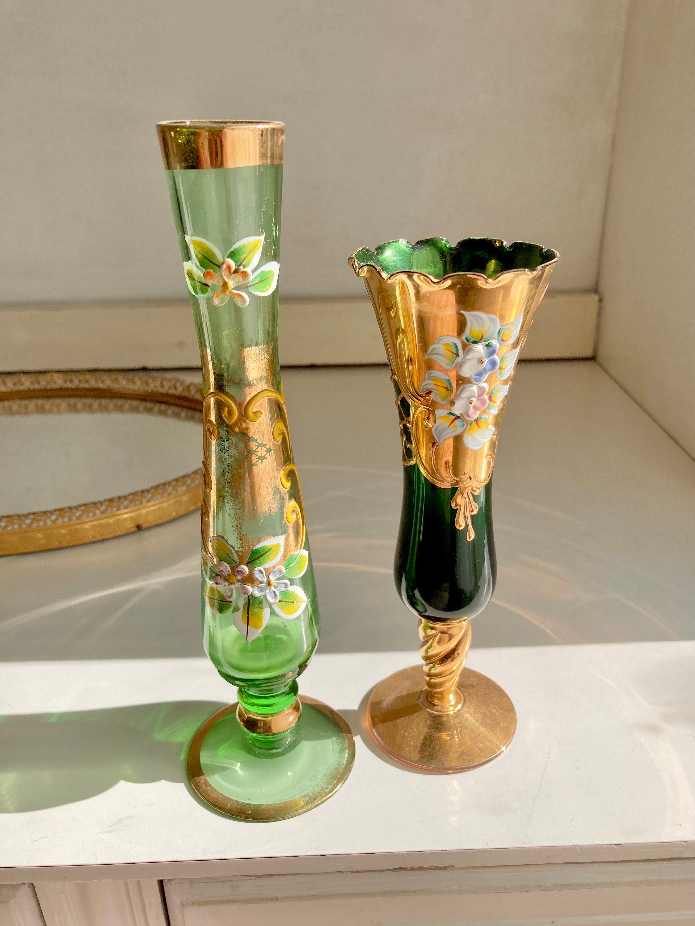 Vintage Green Glass Hand Painted Gilt Bohemian Bud Vases: choose from Two
