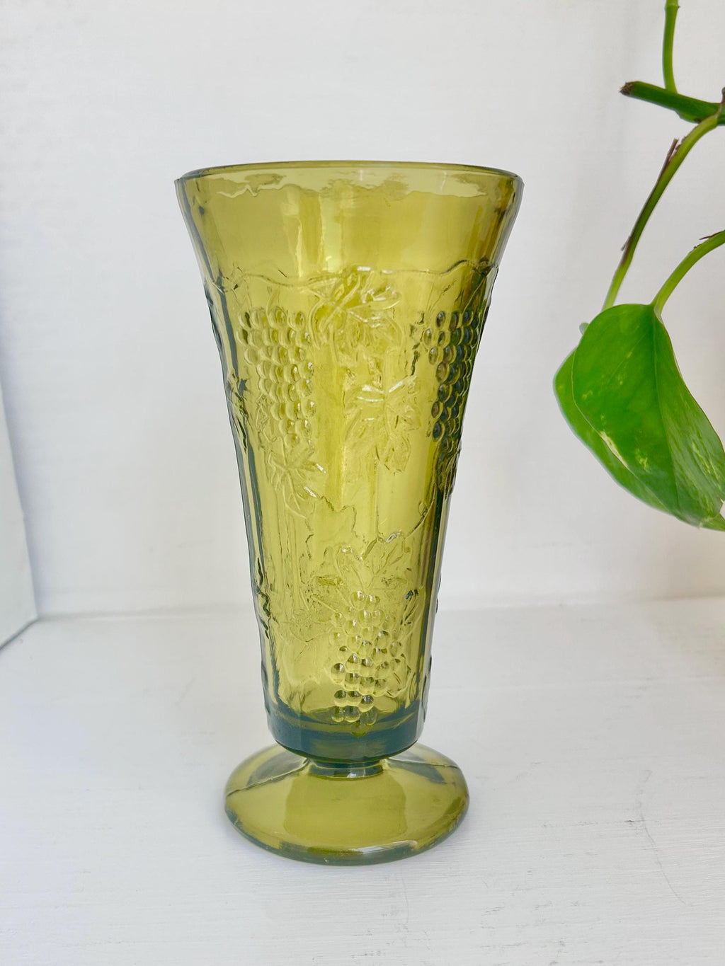 Vintage Green Glass Harvest Grape Pattern Pedestal Vases and Compote: Choose from 4