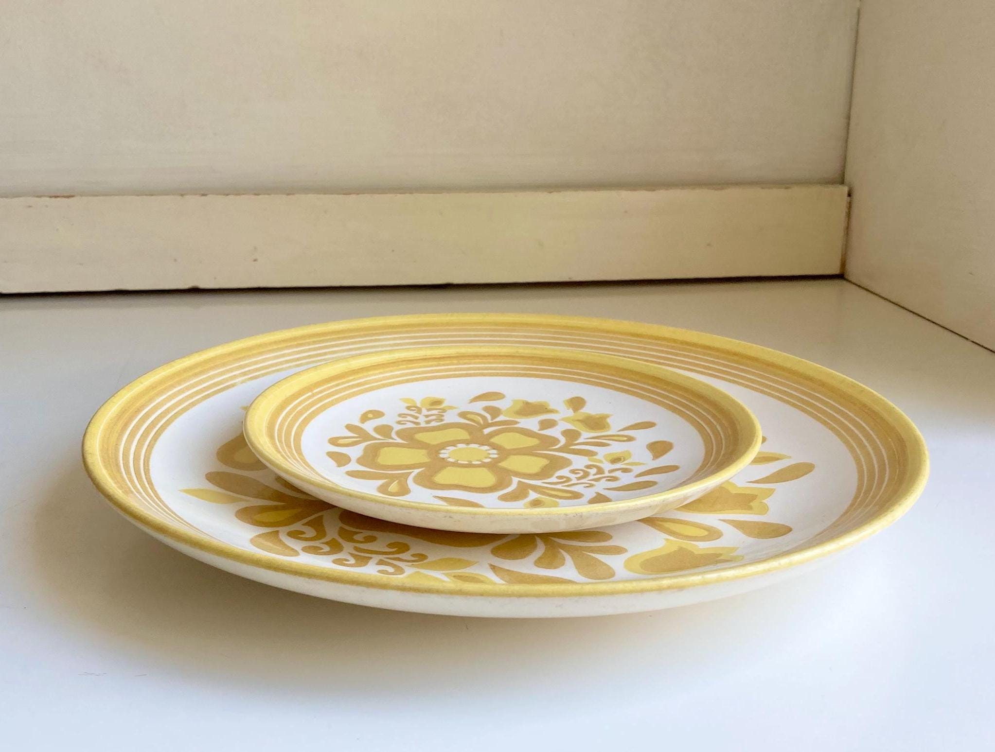 Vintage Cavalier Ironstone Plate Set: Yellow Floral Royal China USA