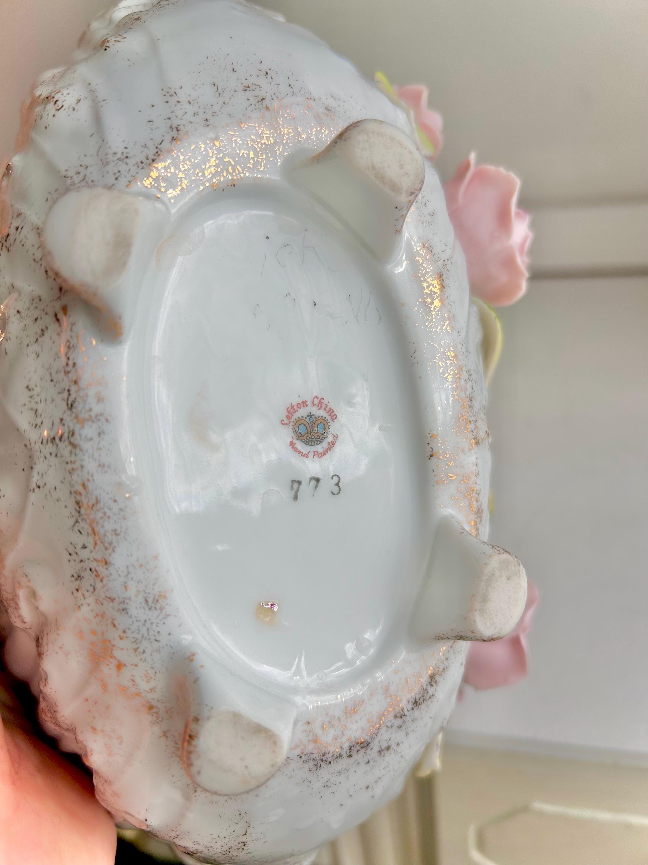Vintage LEFTON Ceramic Footed Bowl: Pink Roses, Rhinestone Butterflies
