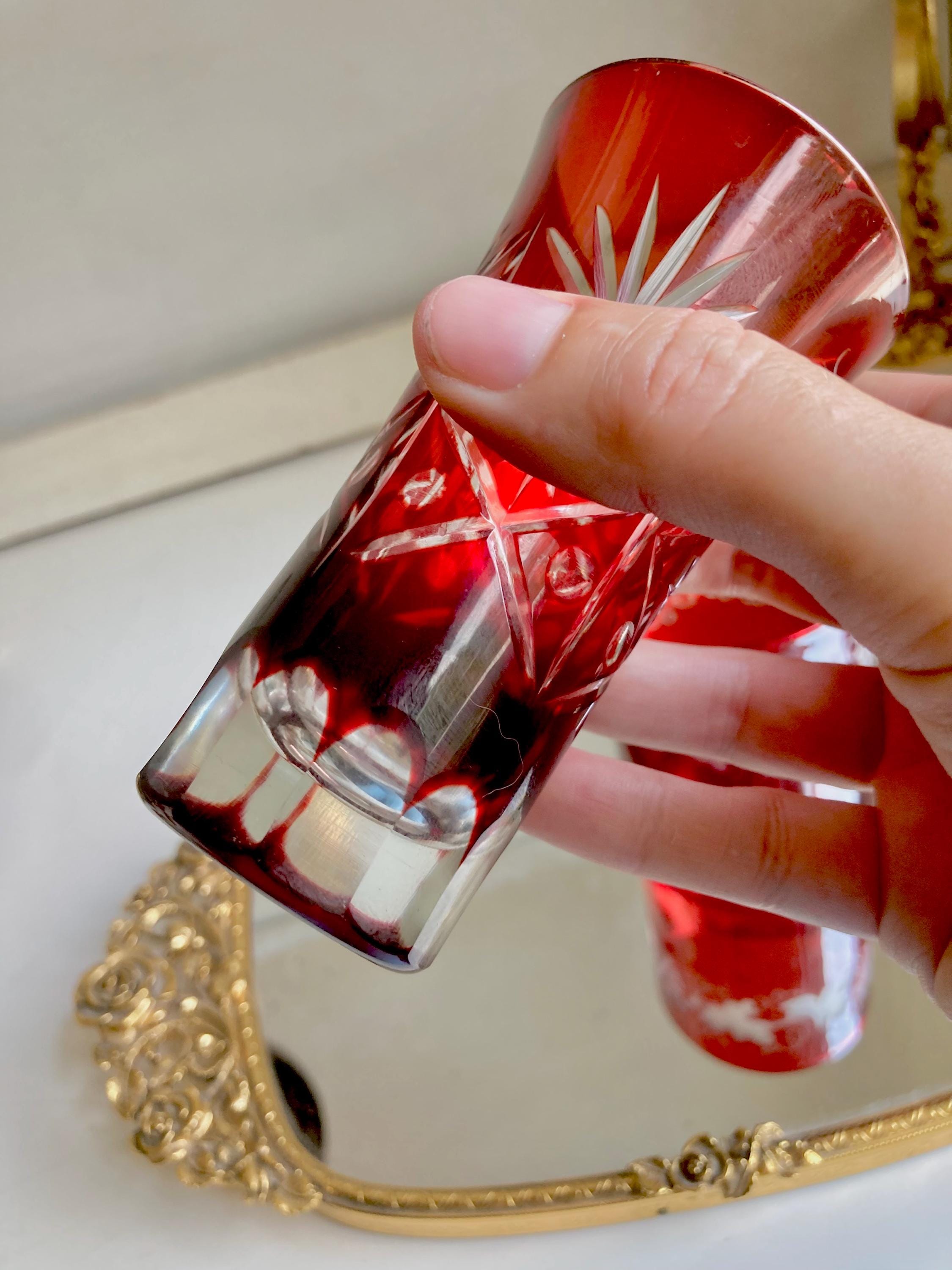 Vintage Ruby Red Flashed Etched/Cut-to-Clear Bohemian Glasses-choose from 2