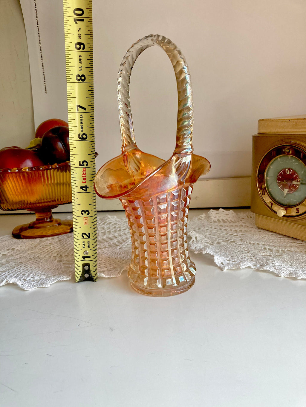 Vintage Imperial Marigold Carnival Glass Basket Vase: Waffle Block Pattern, Braided Handle