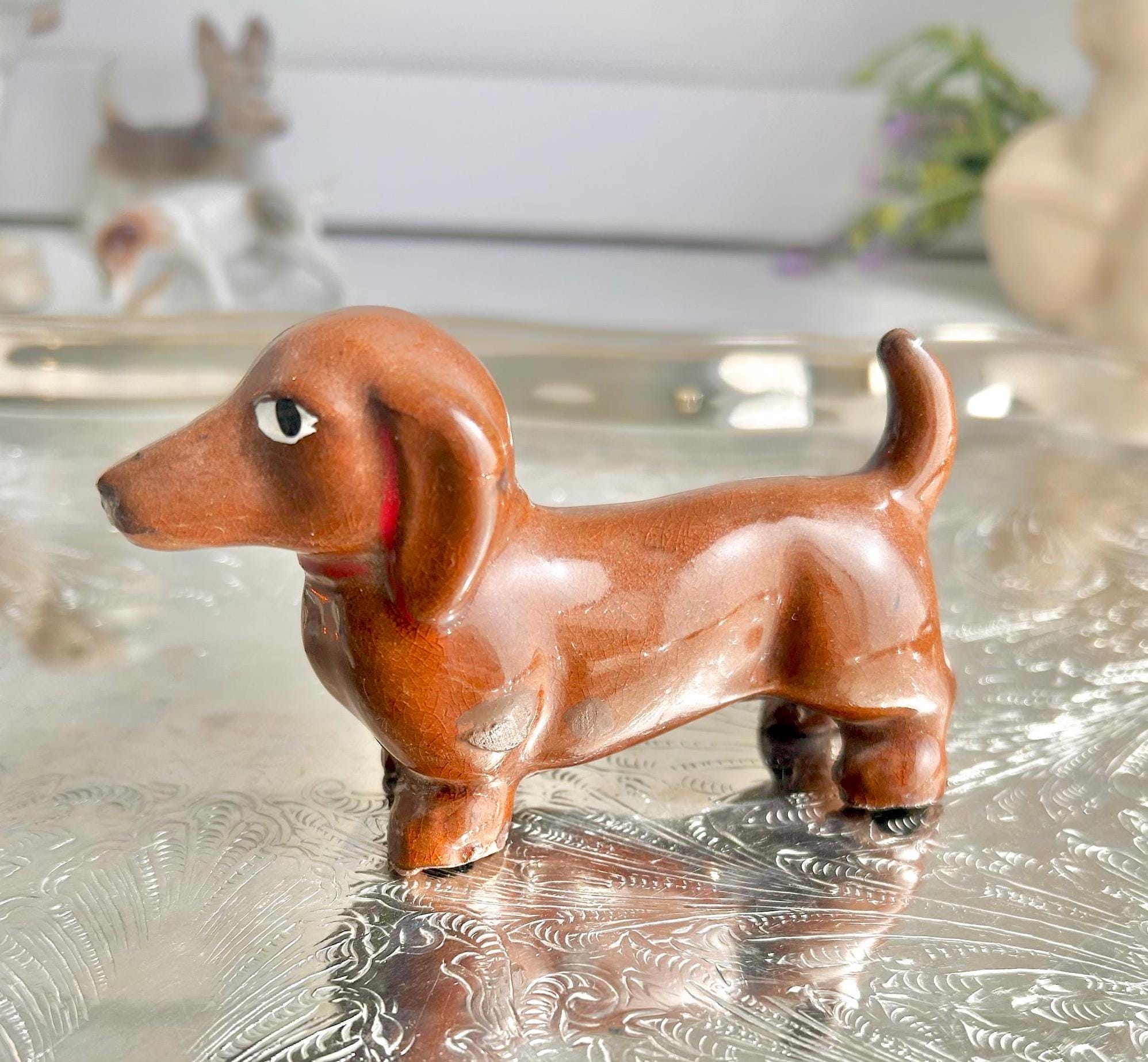 Vintage Hand Painted Ceramic Dachshund Figurine - 4 inch