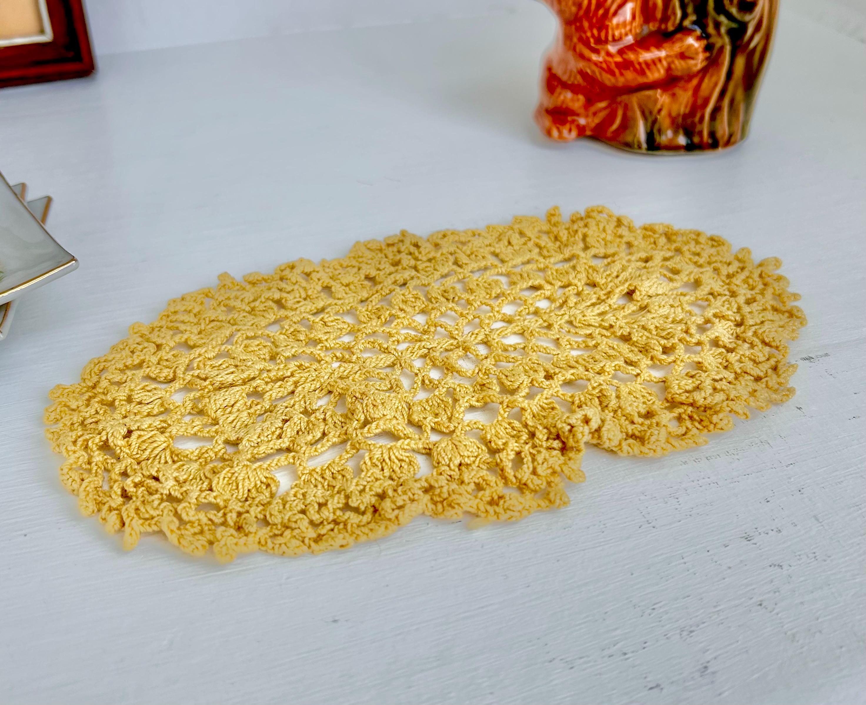 Sweet Little Vintage Crocheted Gold Colored Oblong Doily