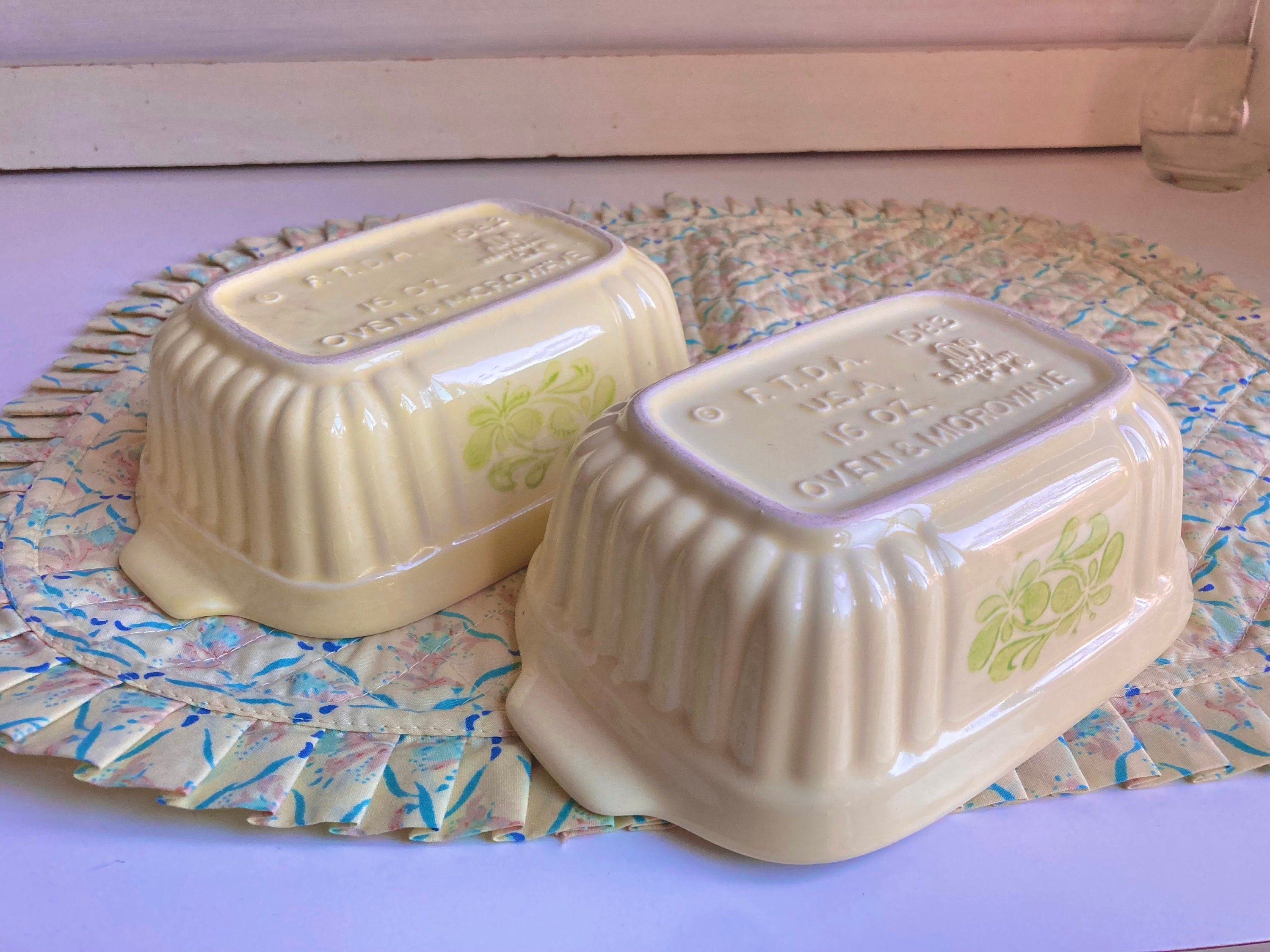 Vintage Pfaltzgraff Loaf Casserole Dishes: Pale Lemon Floral Stoneware, Set of 2