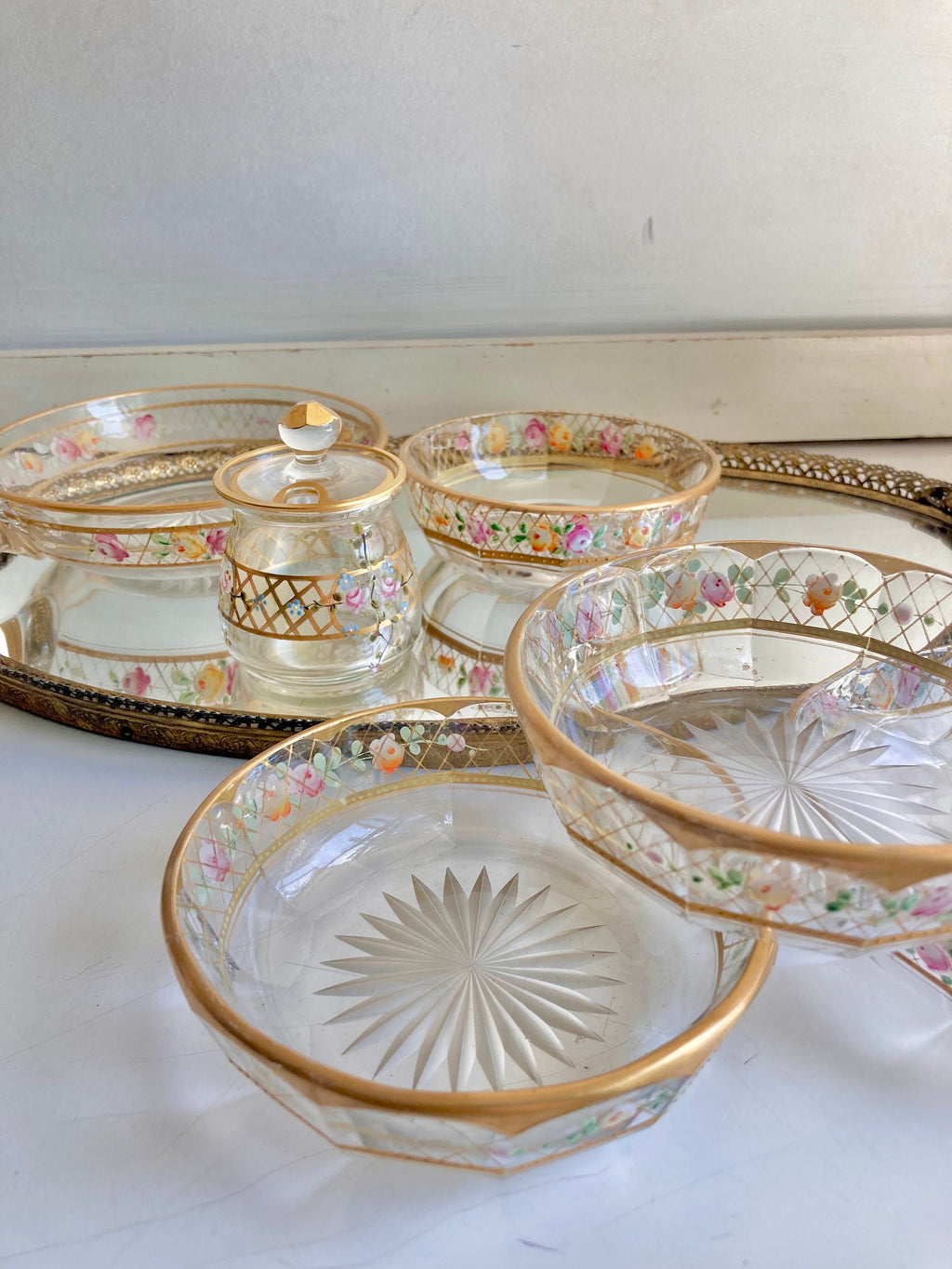 Vintage Hand-Painted Floral Glass Dessert Set: Gilt Sunburst Bowls & Jar
