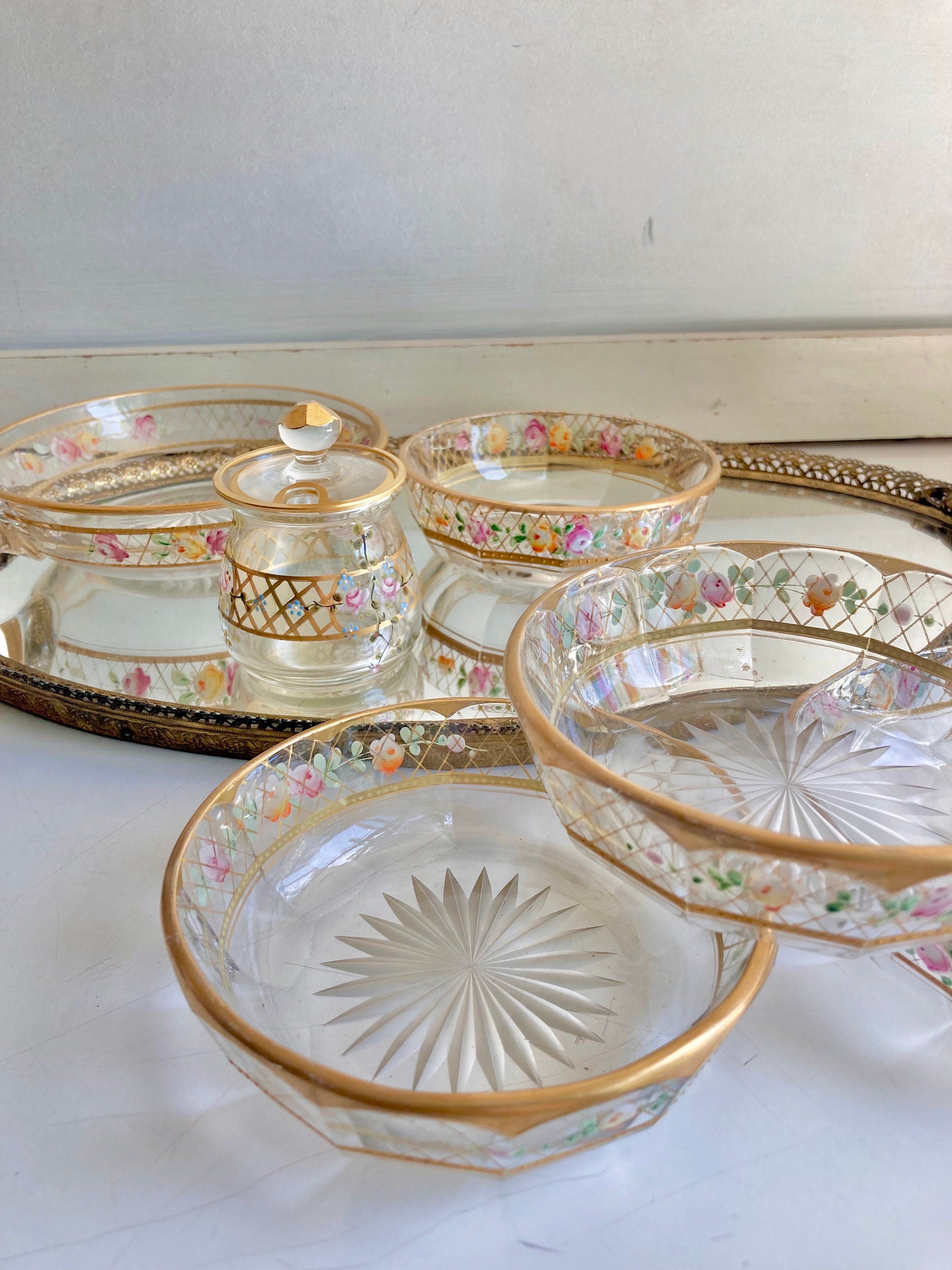 Vintage Hand-Painted Floral Glass Dessert Set: Gilt Sunburst Bowls & Jar