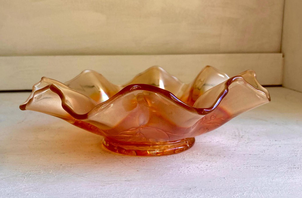 Vintage Dugan Golden Grape Marigold Carnival Glass Ruffled Bowl 7 1/4" diameter