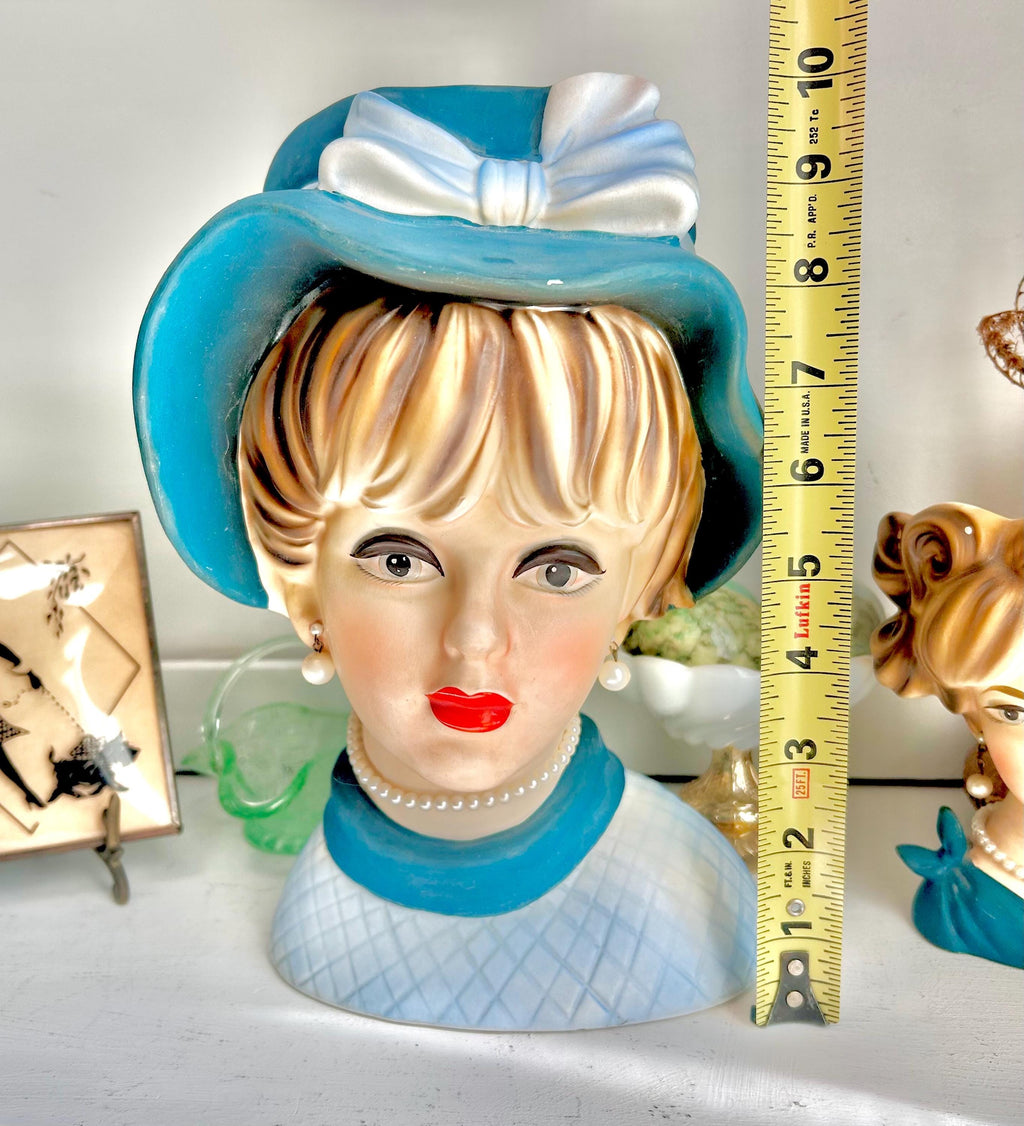 Vintage Napcoware LARGE Head Vase: 1960s Lady with Teal Blue Hat, Pearls