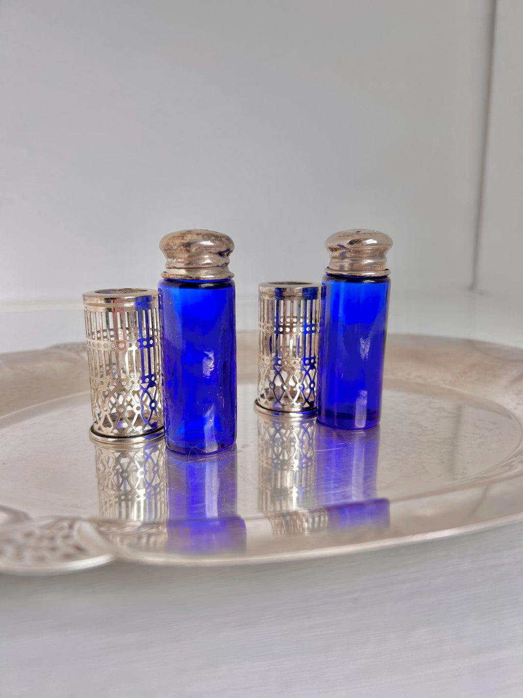 Vintage Cobalt Blue Glass Salt and Pepper Shakers - Silverplate Sleeves