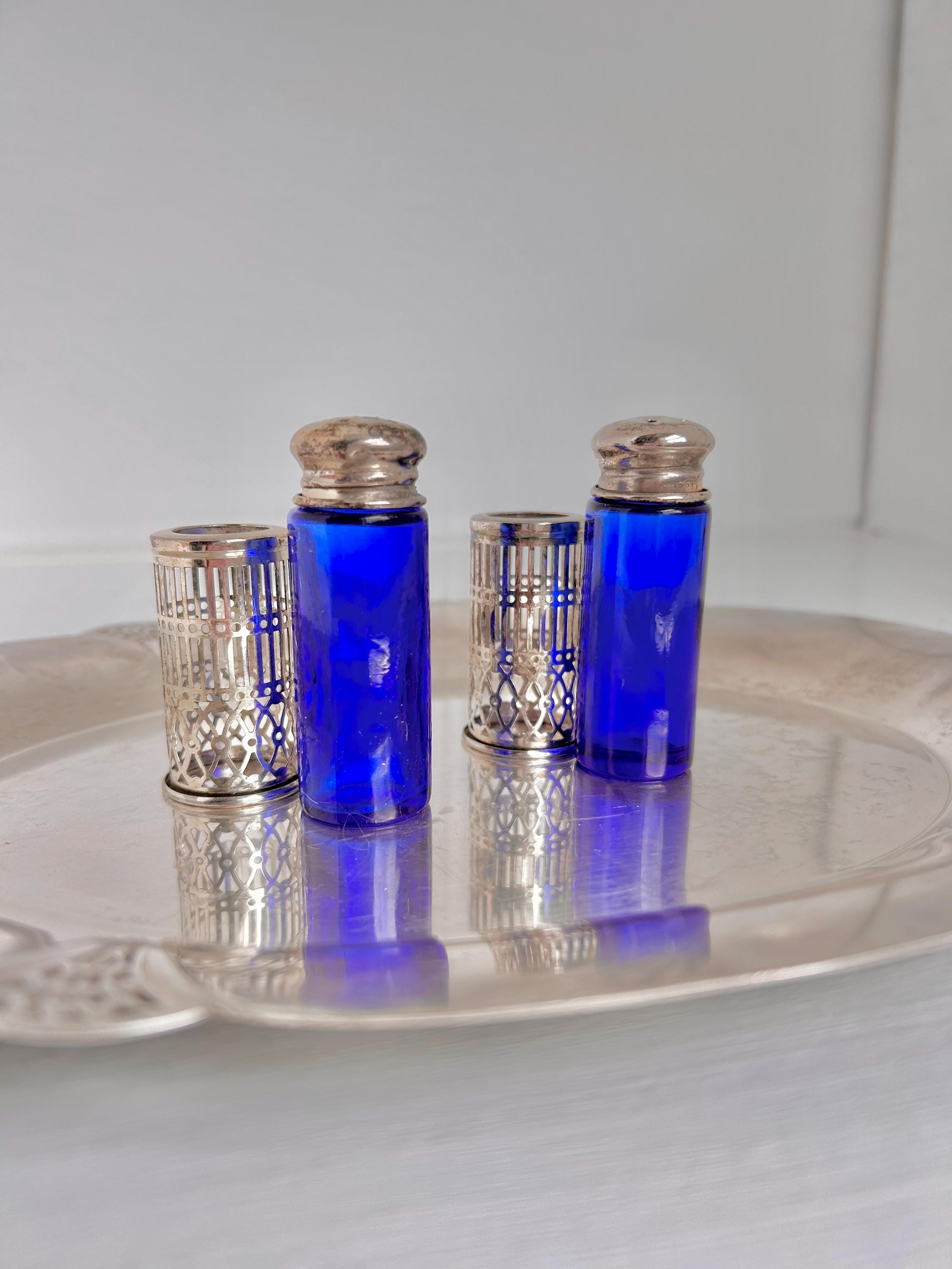 Vintage Cobalt Blue Glass Salt and Pepper Shakers - Silverplate Sleeves