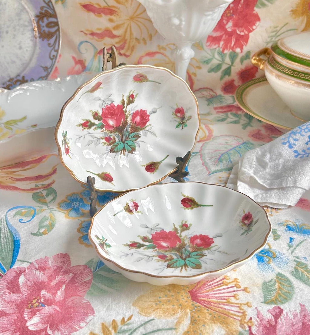 Vintage Hammersley Rose Trinket Dishes: Fine Bone China with Gold Trim