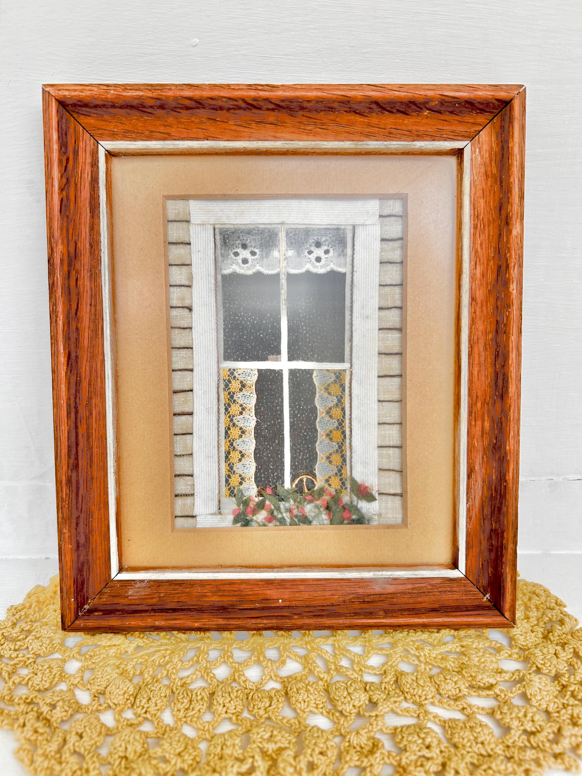Vintage Framed Mixed Media Art: Country Cottage Window Scene, 1982