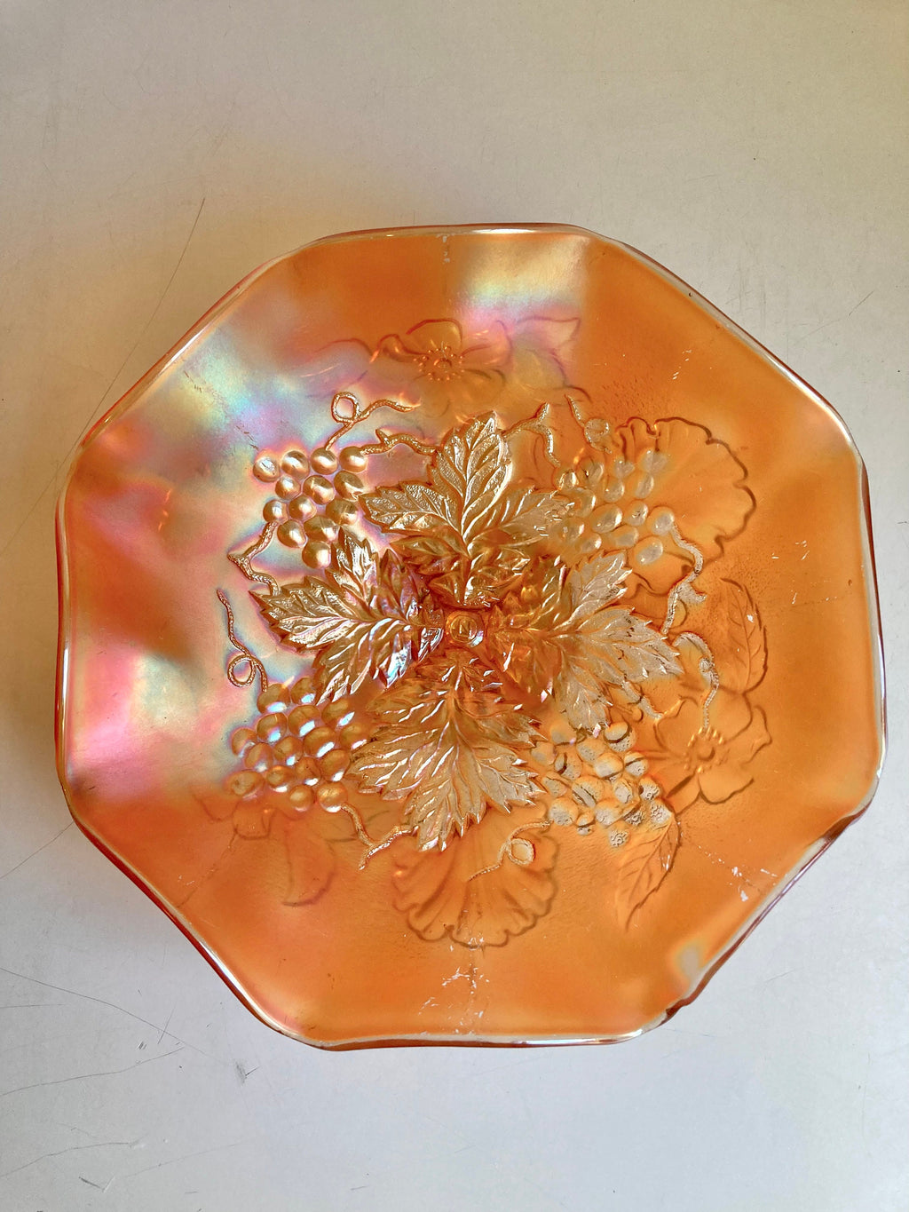 Antique Northwood Marigold Carnival Glass Ruffled Bowl: Grape Cable & Blossom Palm, c. 1910
