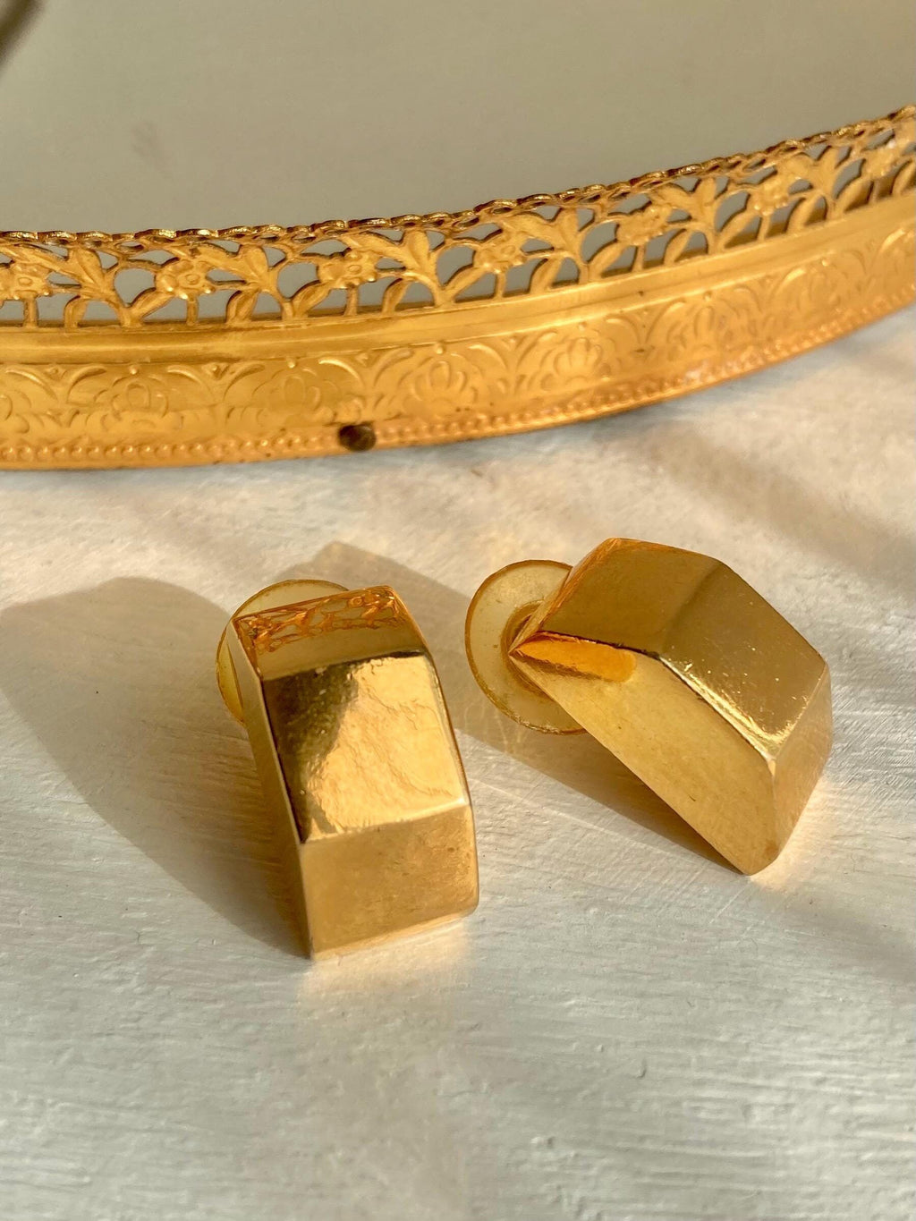 Vintage Gold Tone Statement Earrings - Geometric Angular 1980s Earrings for Pierced Ears