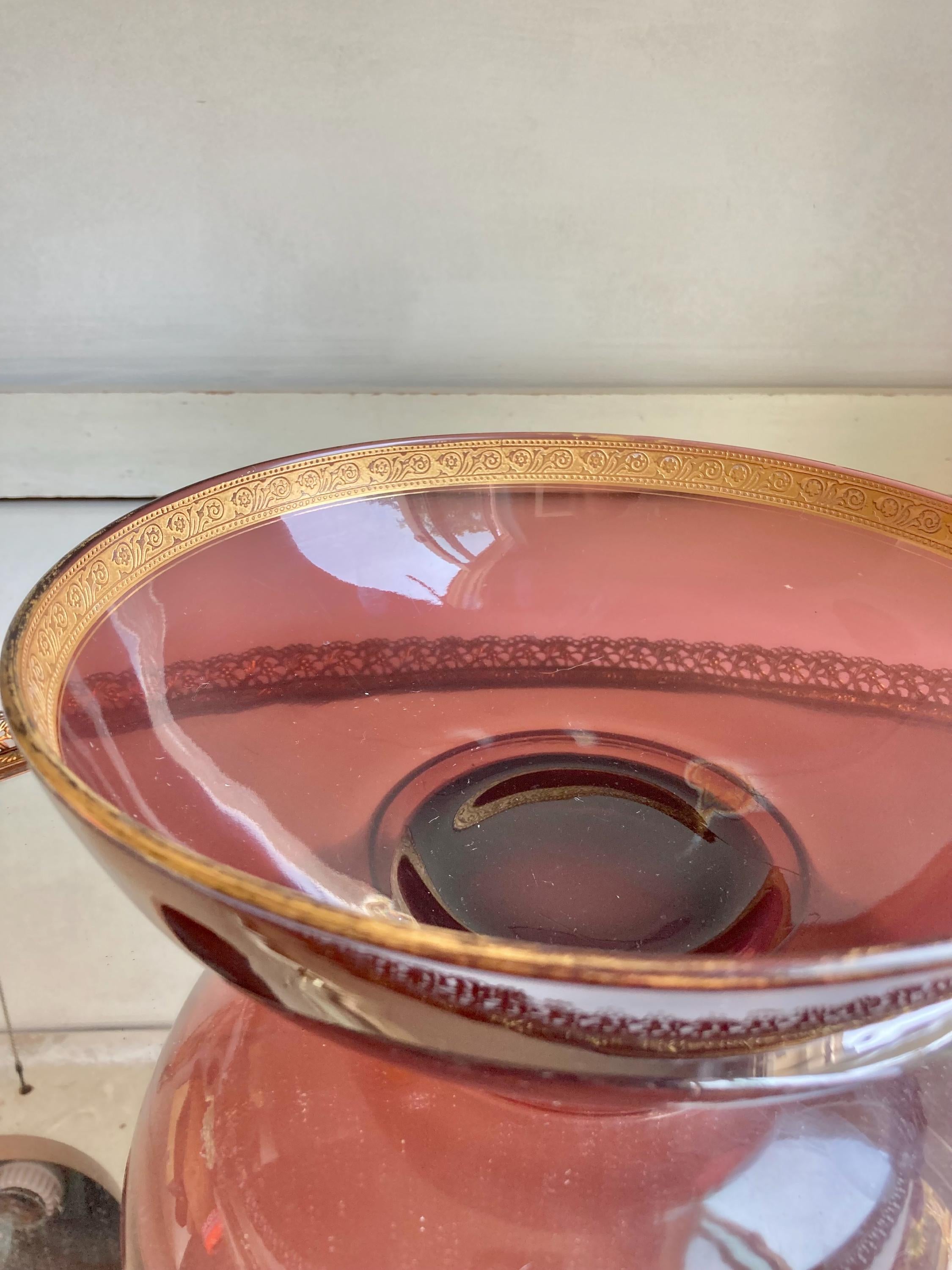 Vintage Purple Amethyst glass 8.75” serving bowl with Ornate Gilt Rim - Worn Finish