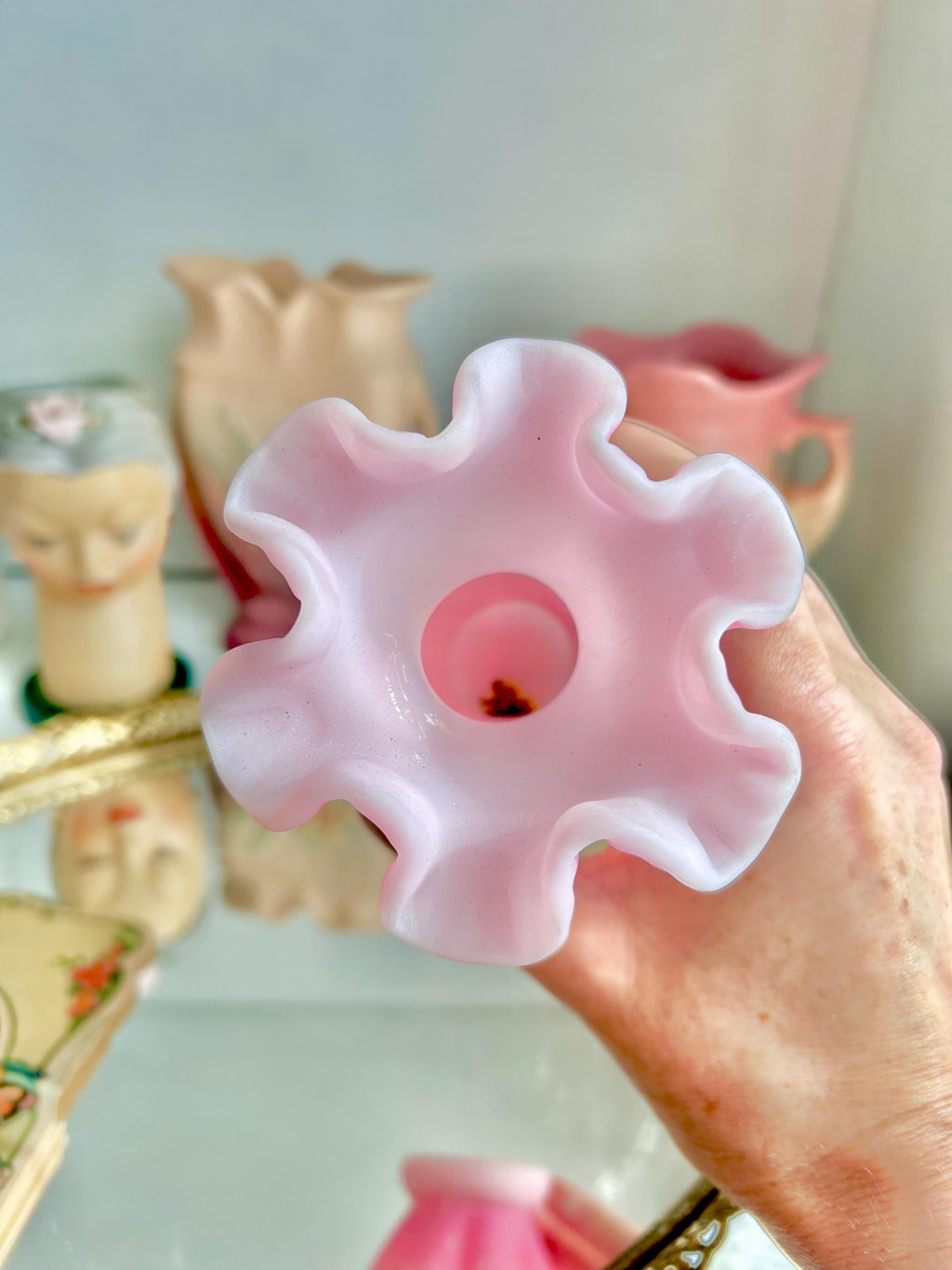 Vintage Fenton Pink Melon Vase: Satin Glass Ruffled Rim