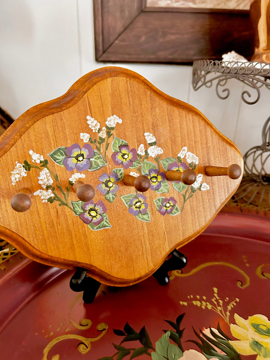 Small Vintage Wooden Wall Hanger with Handpainted Flowers
