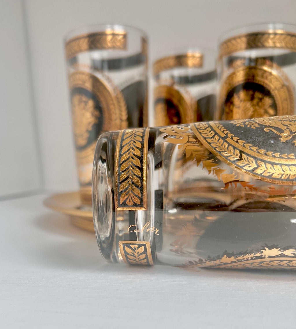 Vintage Culver Highball Glass: Gold & Black Pineapple Design