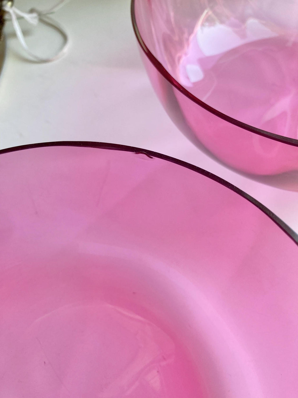 Pair of Antique Victorian Optic Blown Glass Textured Cranberry Pink Bowls - Set of 2