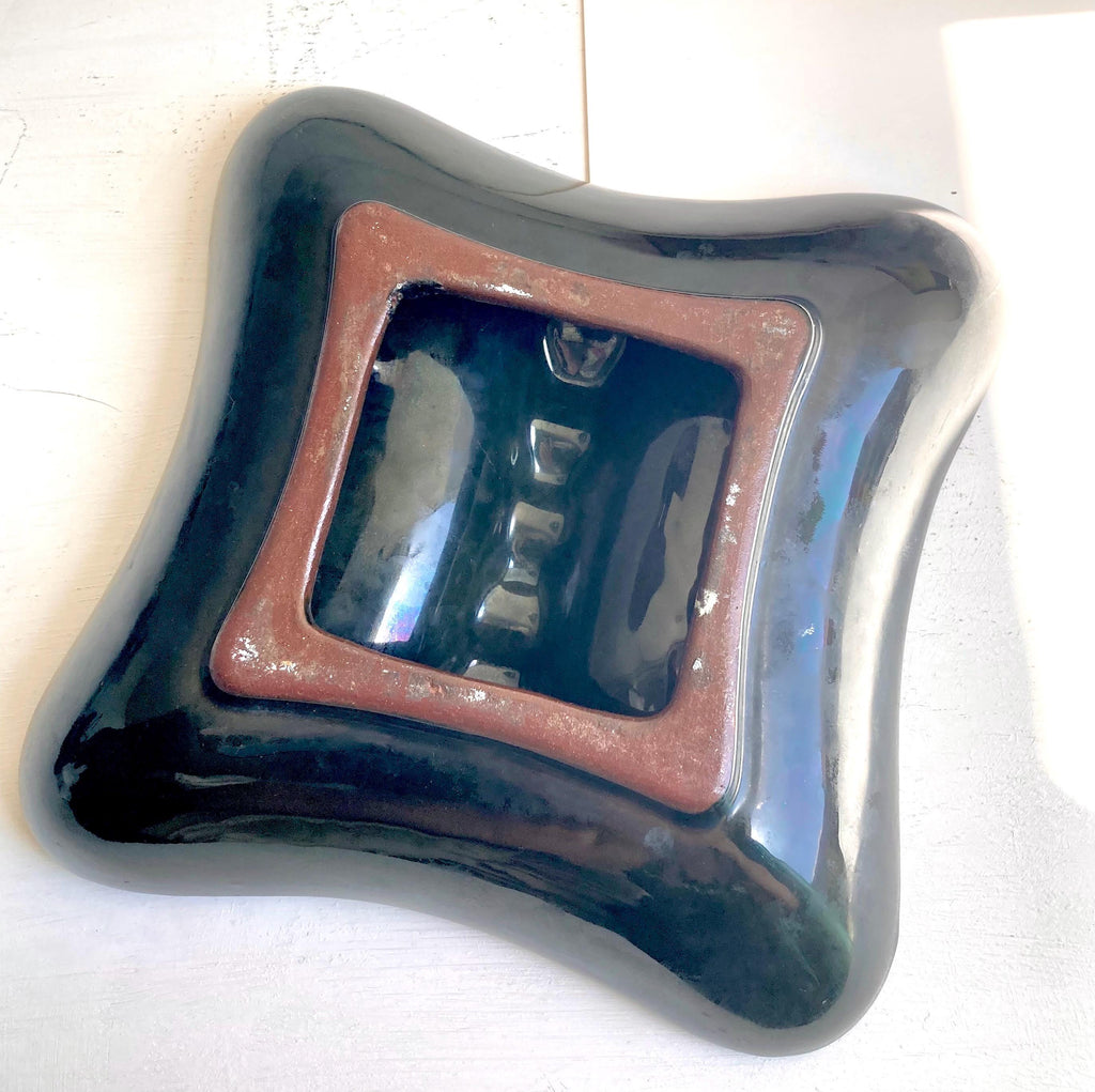 Vintage MCM Drip Glaze Ceramic Ashtray: Turquoise & Olive Green
