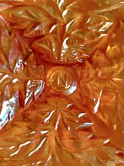 Antique Northwood Marigold Carnival Glass Ruffled Bowl: Grape Cable & Blossom Palm, c. 1910