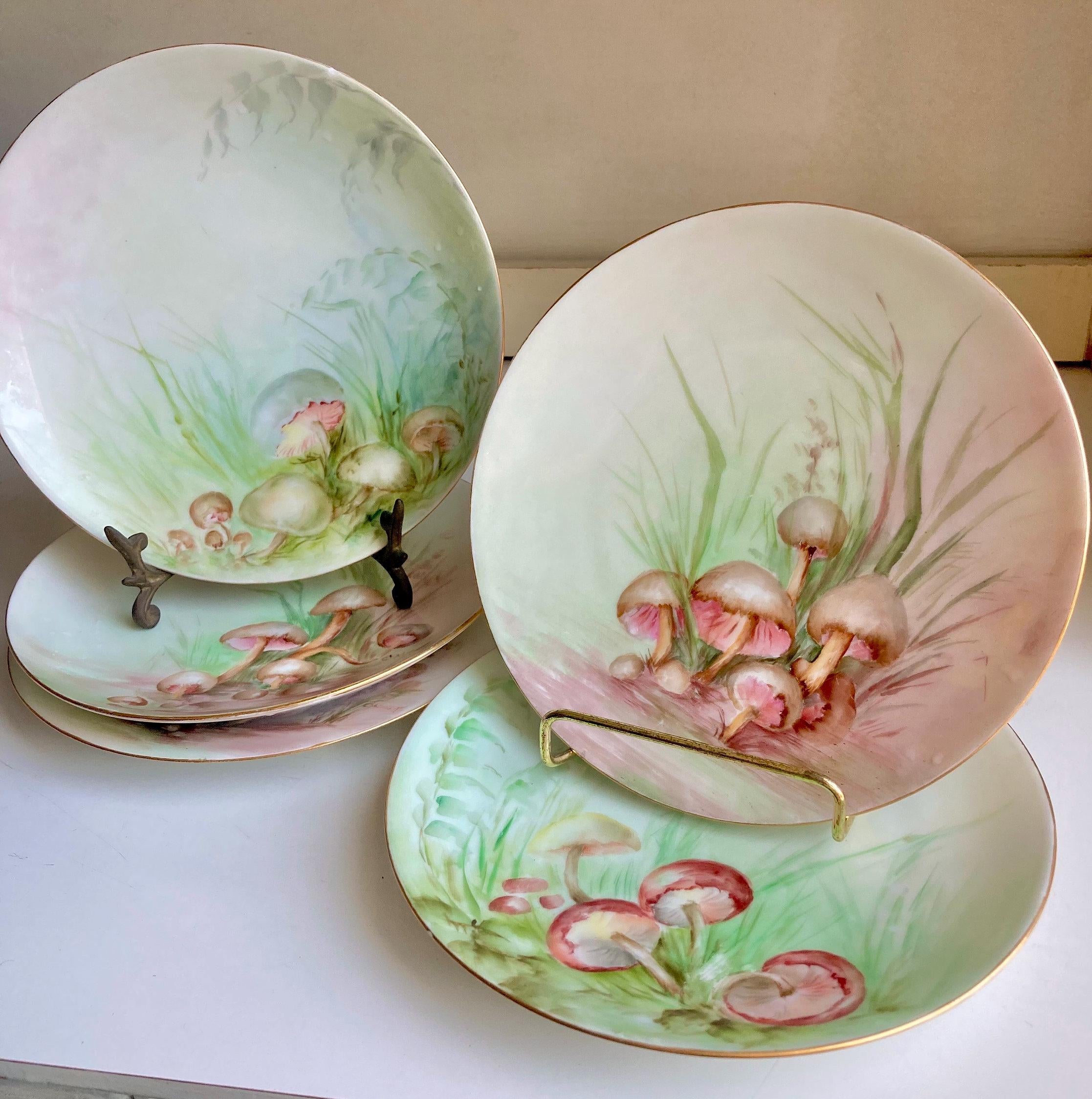 Antique Hand Painted Mushroom Plate: Gold Trim Dessert Plate, 7"