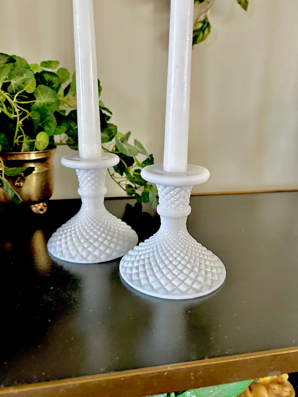 Milk Glass Candle Holders Diamond Hobnail