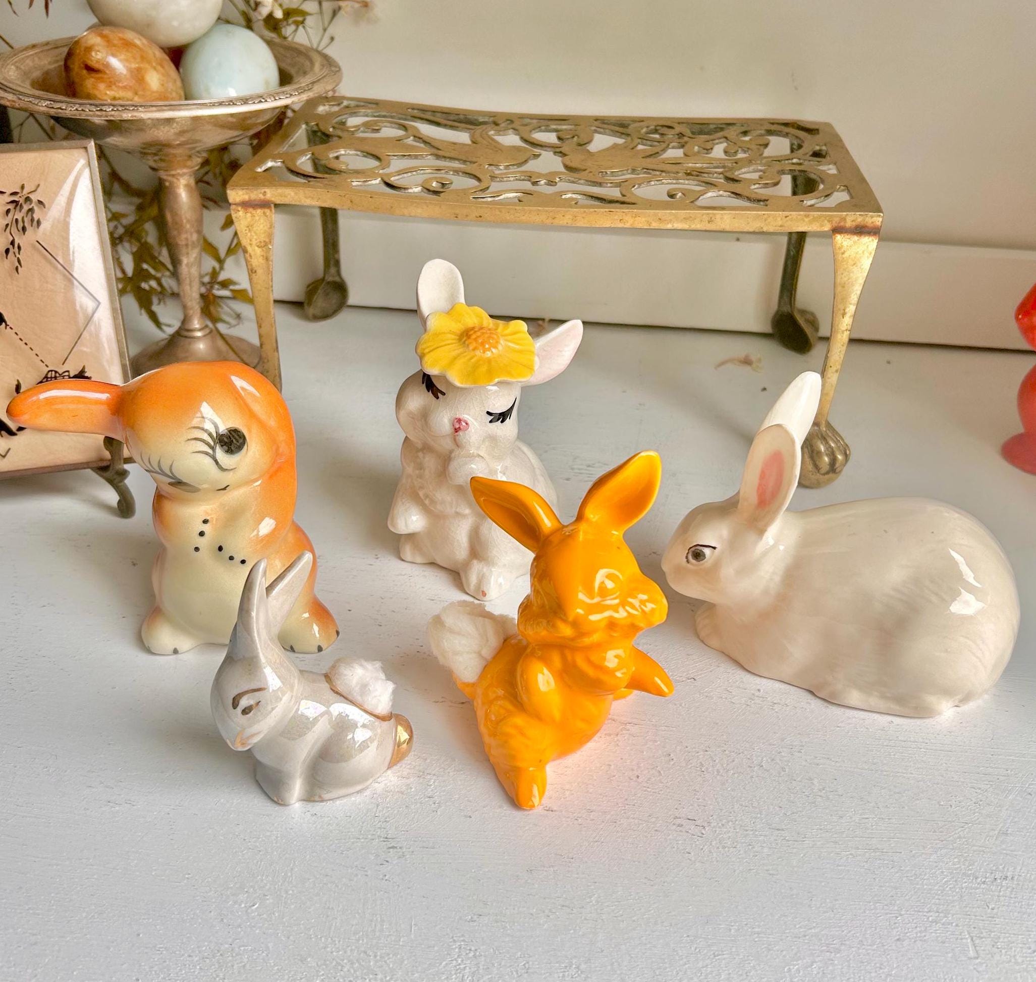 Vintage Ceramic Bunny Figurines: Cottontail Cotton Ball Dispenser