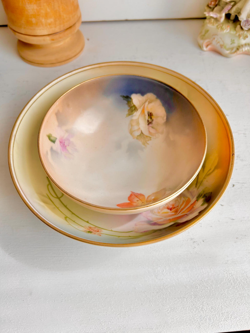 Antique Royal Rudolstadt Prussia Porcelain Bowls: Hand-Painted Rose Floral, Gilt Footed - Set of 2