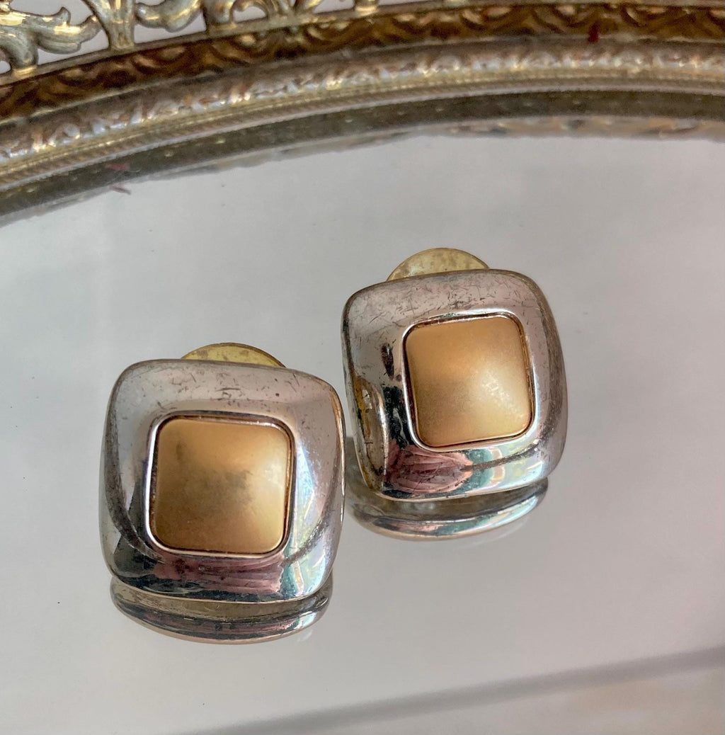1980s Two-Tone Square Earrings: Gold & Silver Tone