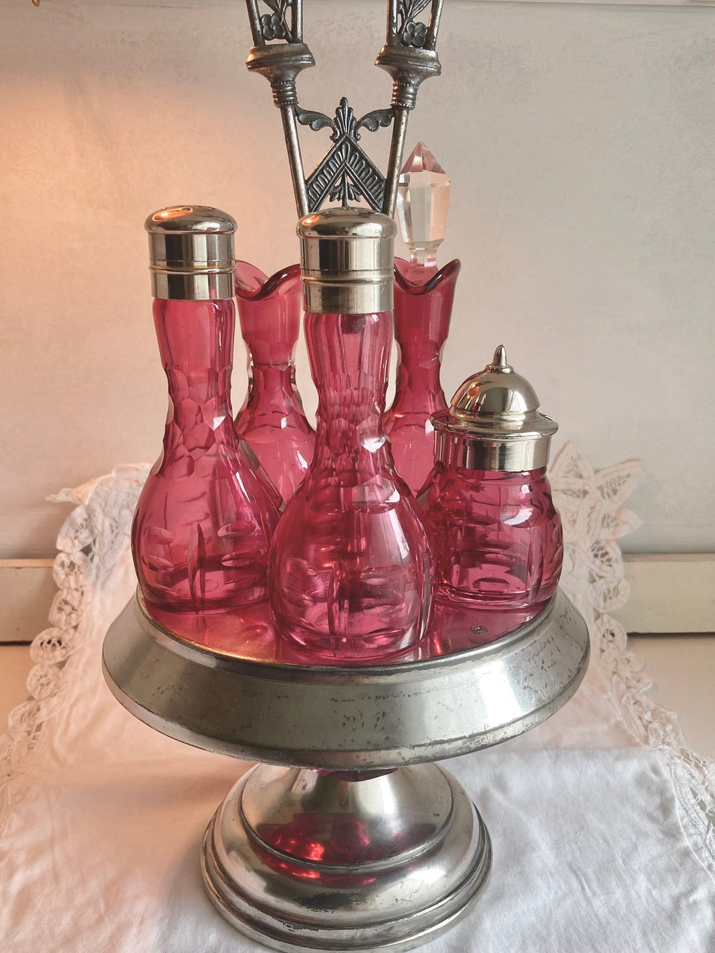 Antique Meriden Silver Plated Cruet Set: Cranberry Thumbprint Glass Bottles