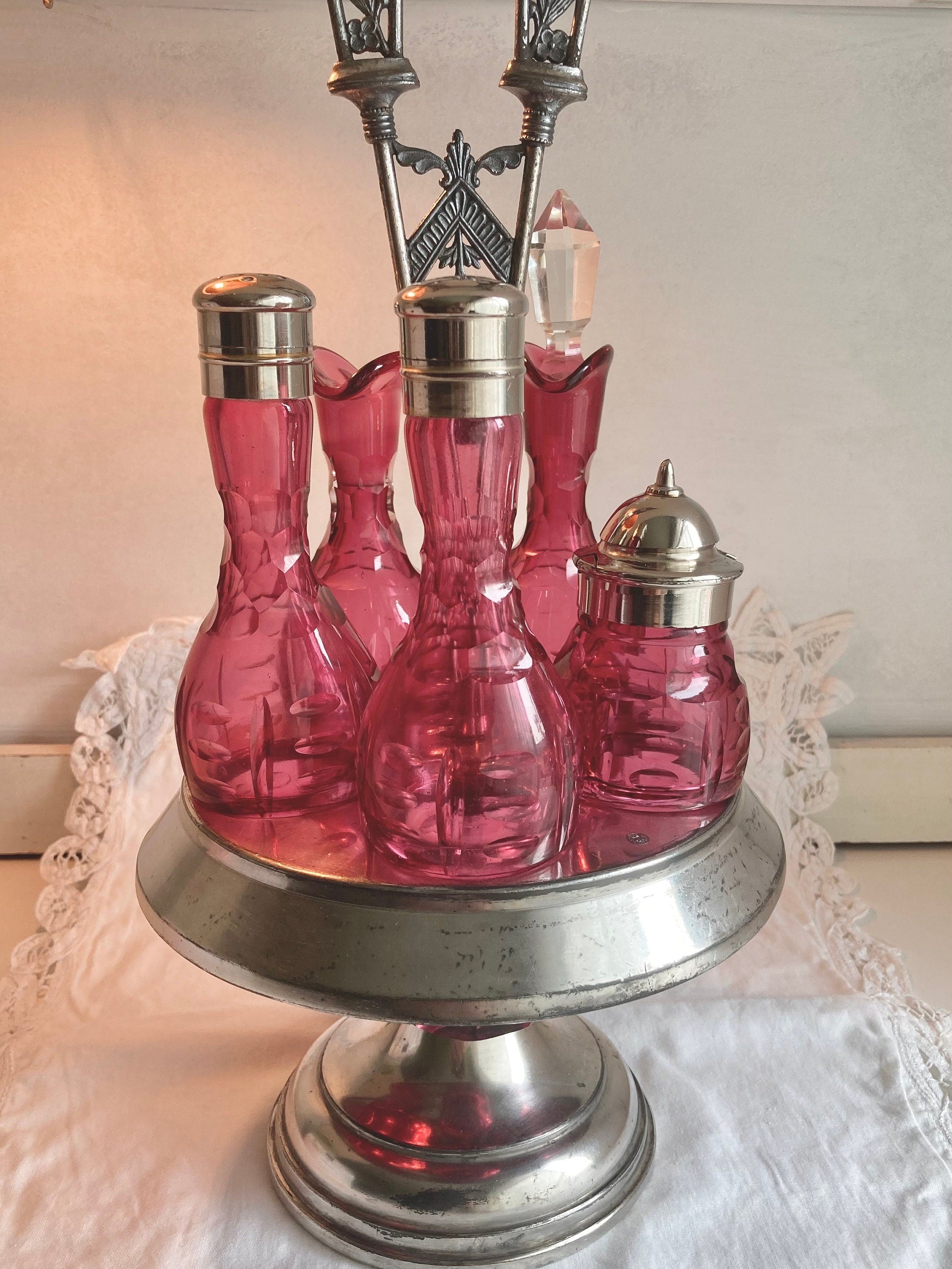 Antique Meriden Silver Plated Cruet Set: Cranberry Thumbprint Glass Bottles