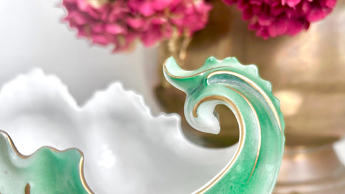 Art Nouveau Porcelain Gravy Boat: New Habsburg Austria, Teal Roses, Gold Trim