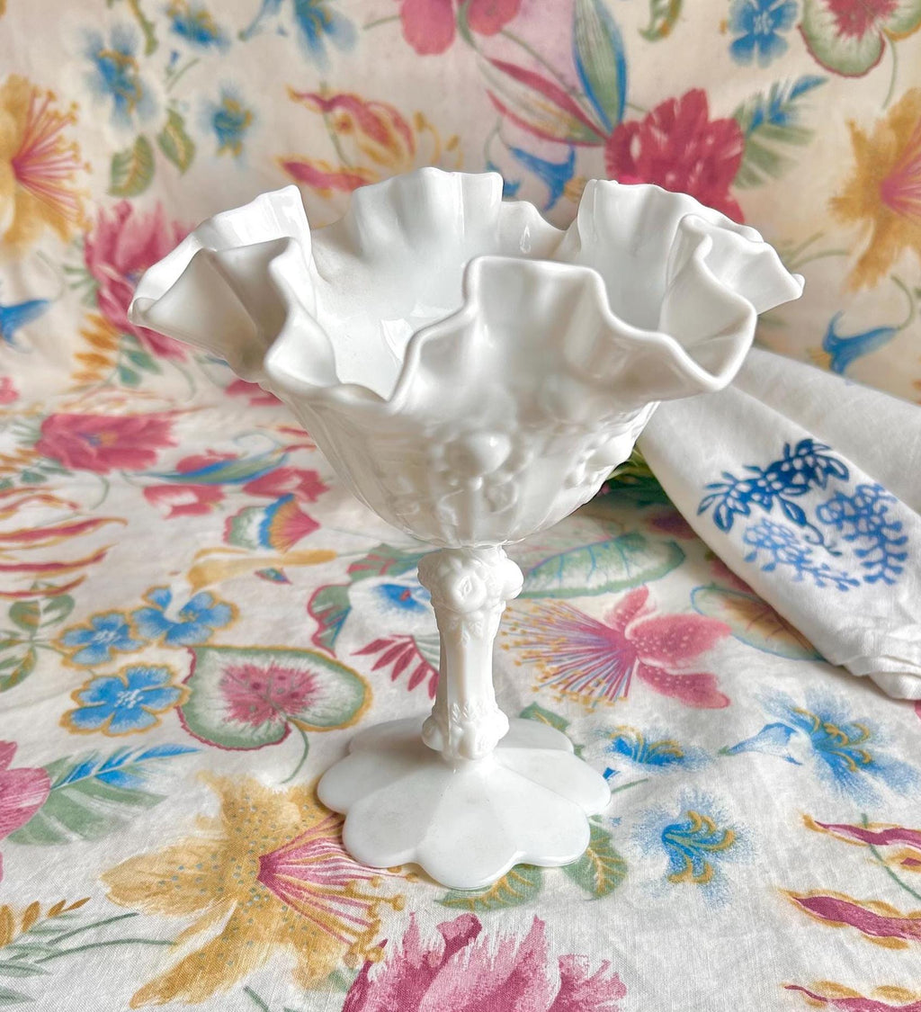 Vintage Fenton Milk Glass Compote, Rosebud Relief, Ruffled Edge