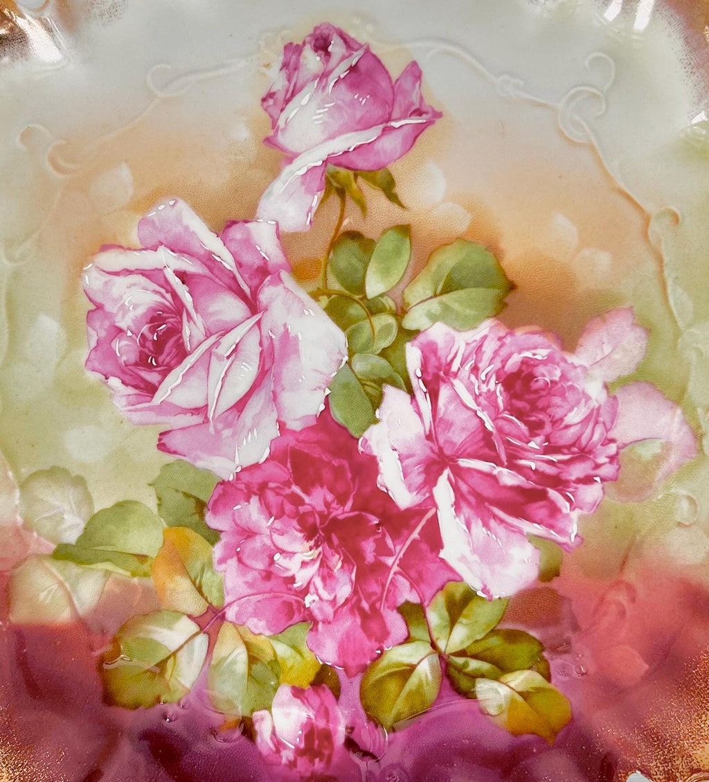 Vintage Transferware Porcelain Plate with Pink Roses