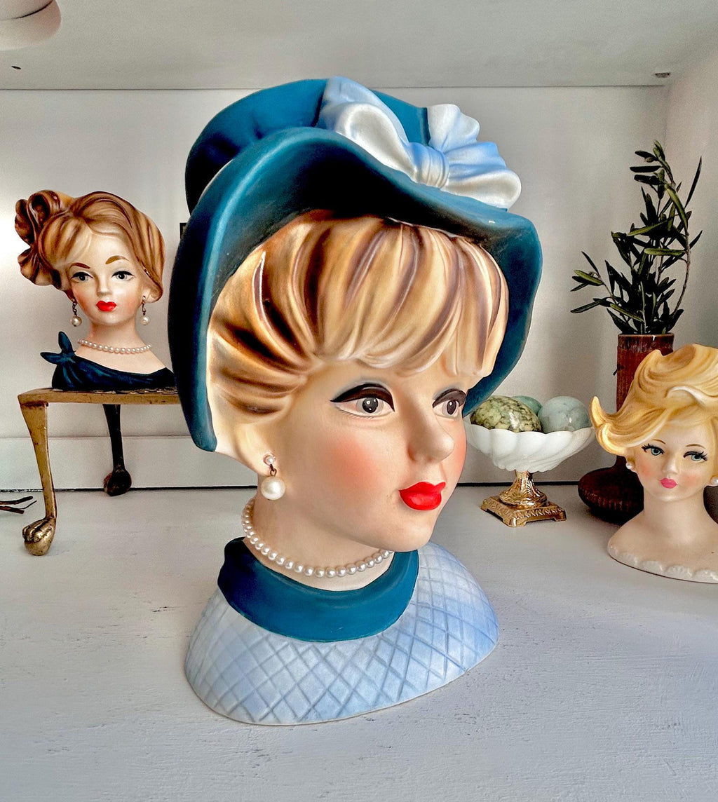 Vintage Napcoware LARGE Head Vase: 1960s Lady with Teal Blue Hat, Pearls