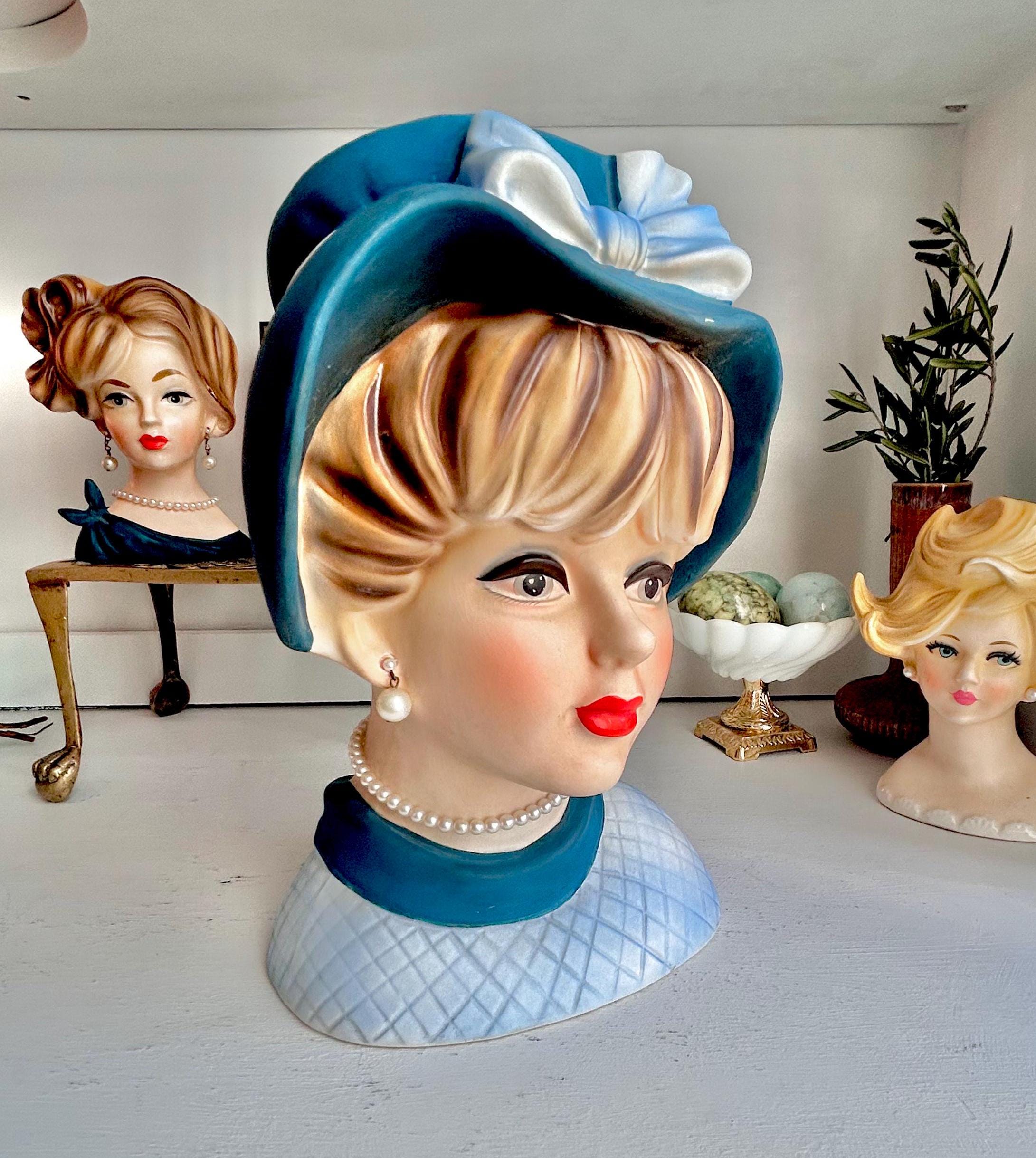 Vintage Napcoware LARGE Head Vase: 1960s Lady with Teal Blue Hat, Pearls