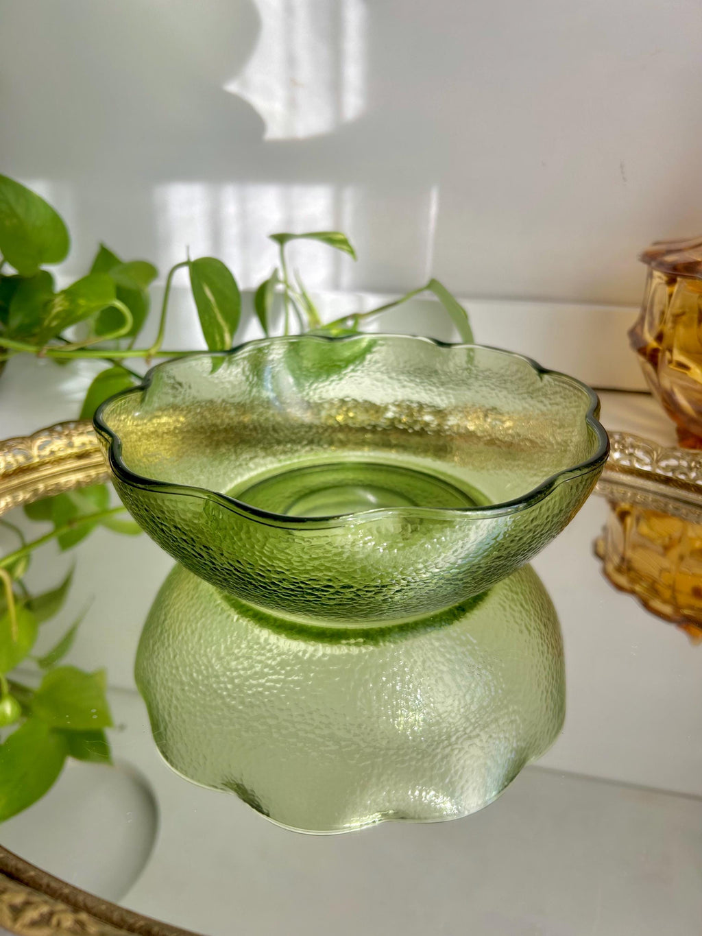 Vintage Hazel Atlas Green Glass Bowl: Pebblestone Ruffle Rim