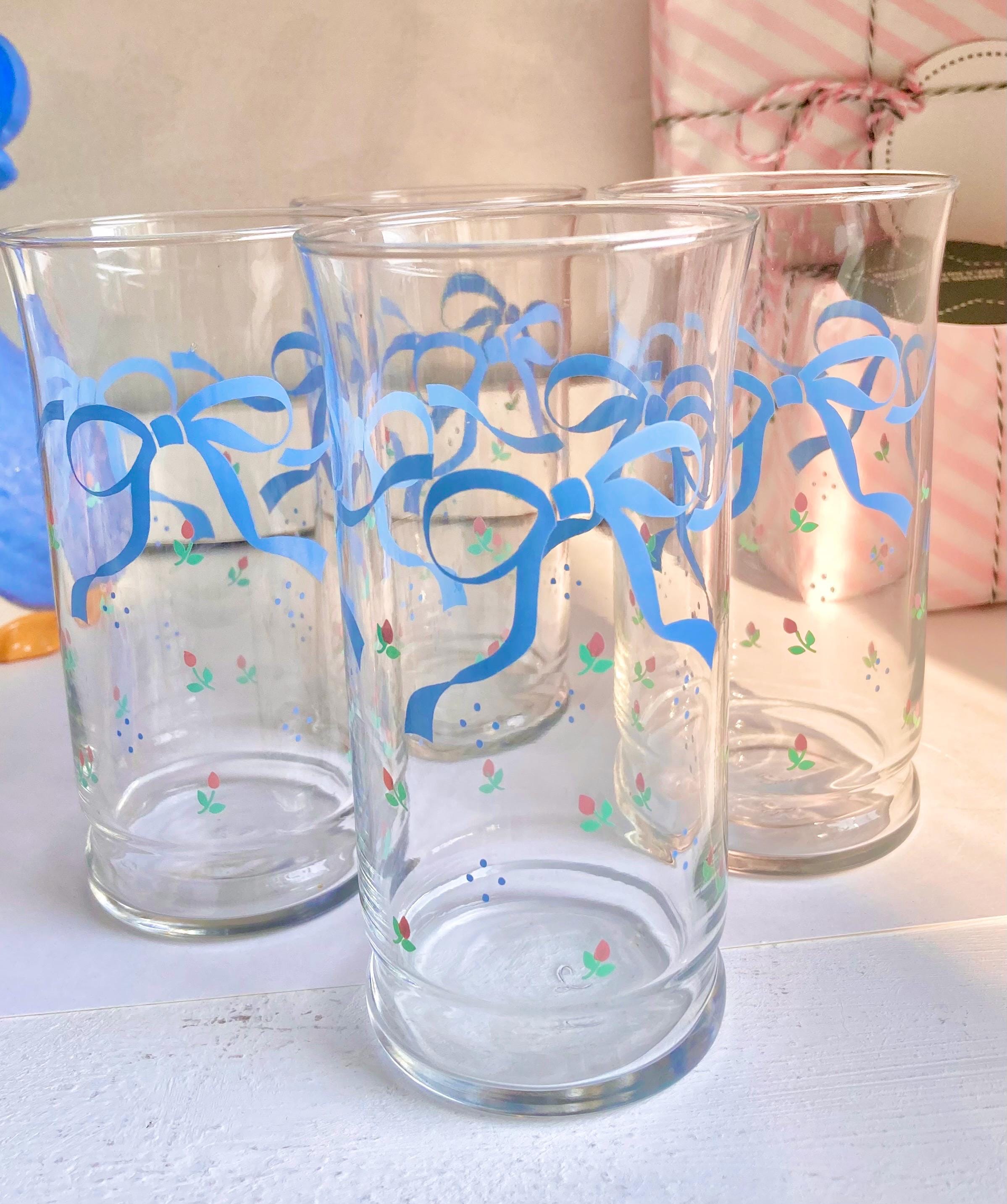 Vintage Libbey Glassware Set: Blue Ribbon & Rose Floral Glasses