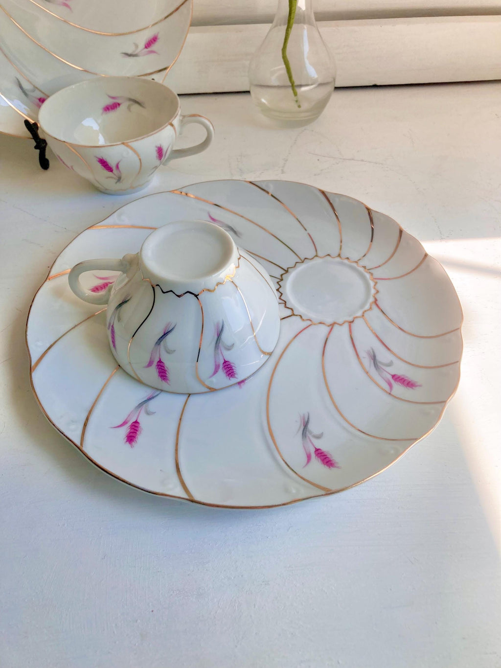 Vintage Yamaka Japan Porcelain Snack Set: Pink Wheat & Gold