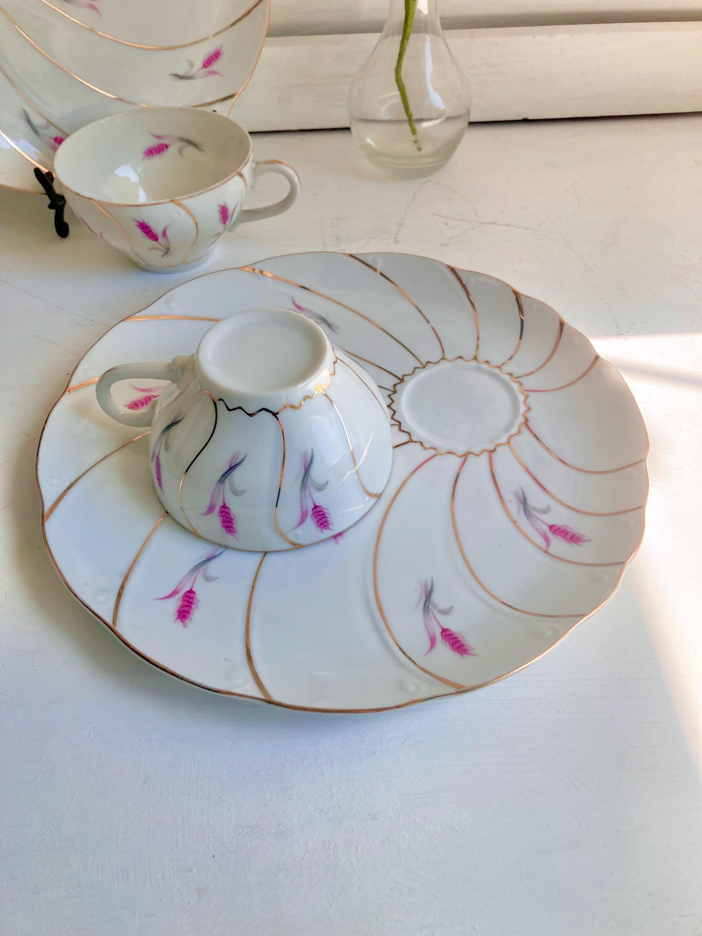 Vintage Yamaka Japan Porcelain Snack Set: Pink Wheat & Gold