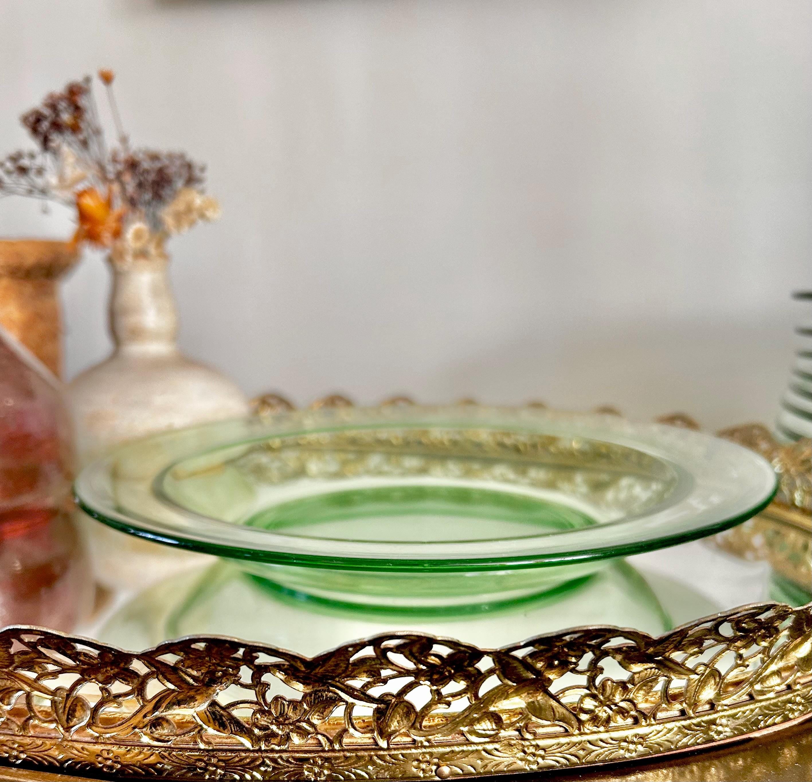Vintage Uranium Green Heavy Pressed Glass Dish