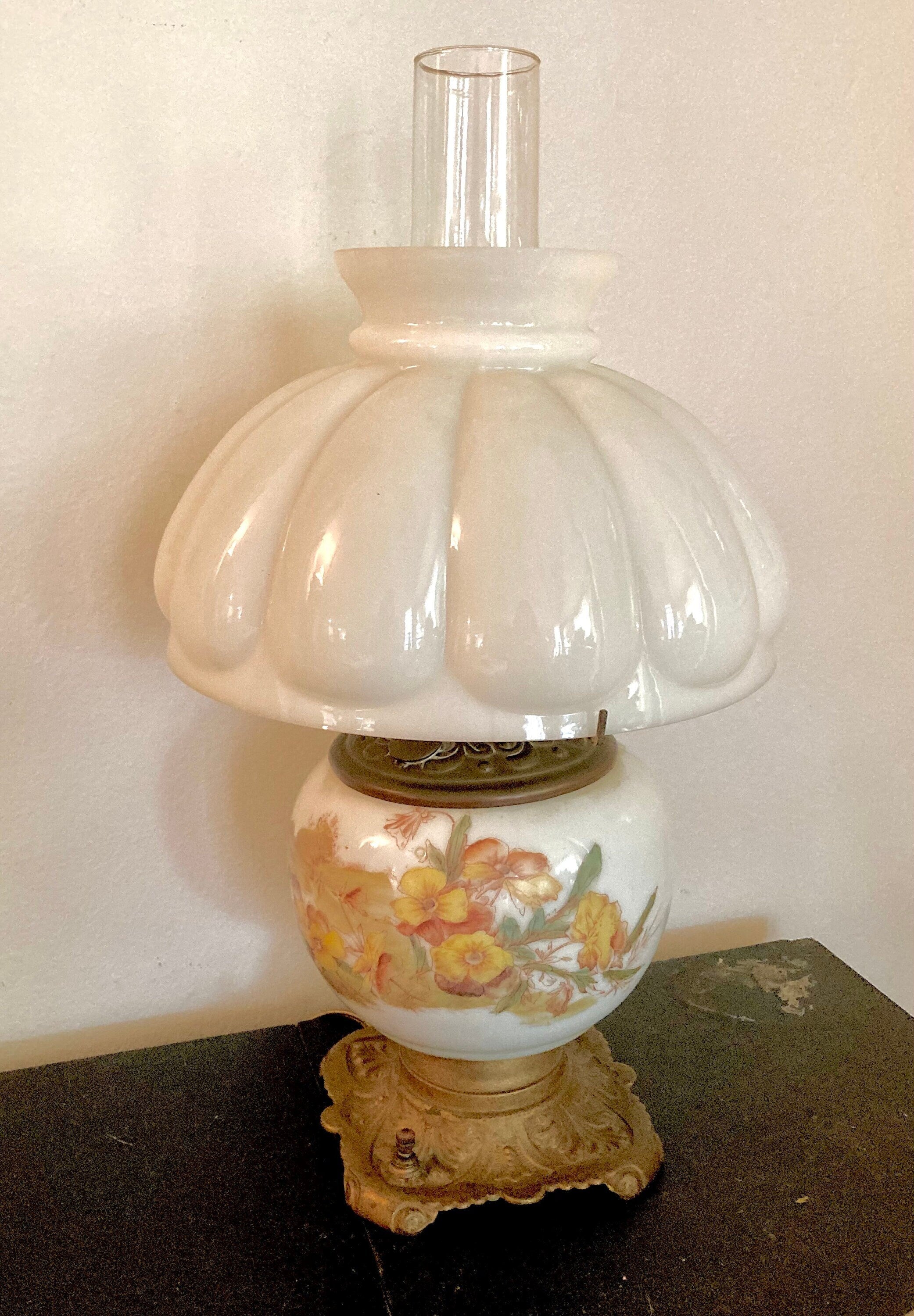 Vintage Floral Milk Glass Lamp - Converted Brass Oil Lamp