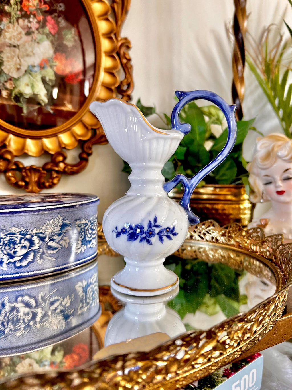Vintage Brinns Blue and White Ceramic Ewer with Applied Roses