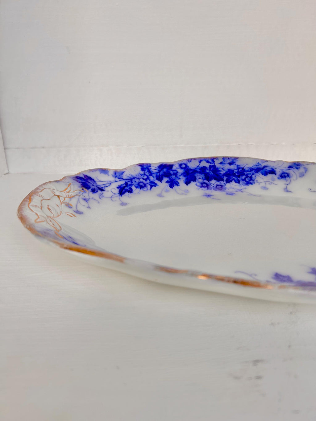 Antique Flow Blue Serving Platter: Royal Semi Porcelain Floral Plate, 14.5"